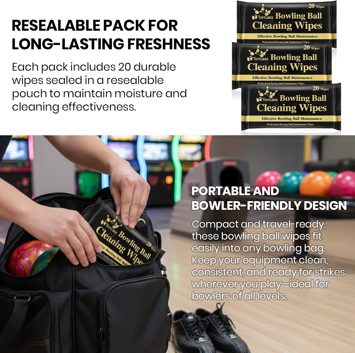 TonGass Bowling Ball Cleaner Wipes, 20/60 Counts Bowling Cleaning Wipes, Remove Lane Oil, Dirt, Grime, Scuff & Belt Marks, Safe on All Balls, Portable Ball Care Accessories for Easy Maintenance