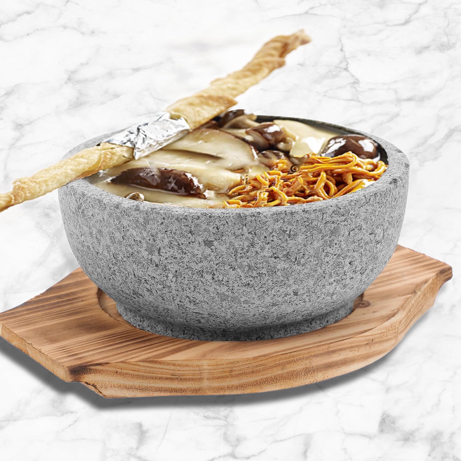CALLARON Koreanische Dolsot Schüssel Hitzebeständig aus Naturstein 600ml mit Holztablett Runde Stein Bibimbap Schale und Leicht zu Reinigen für Küche