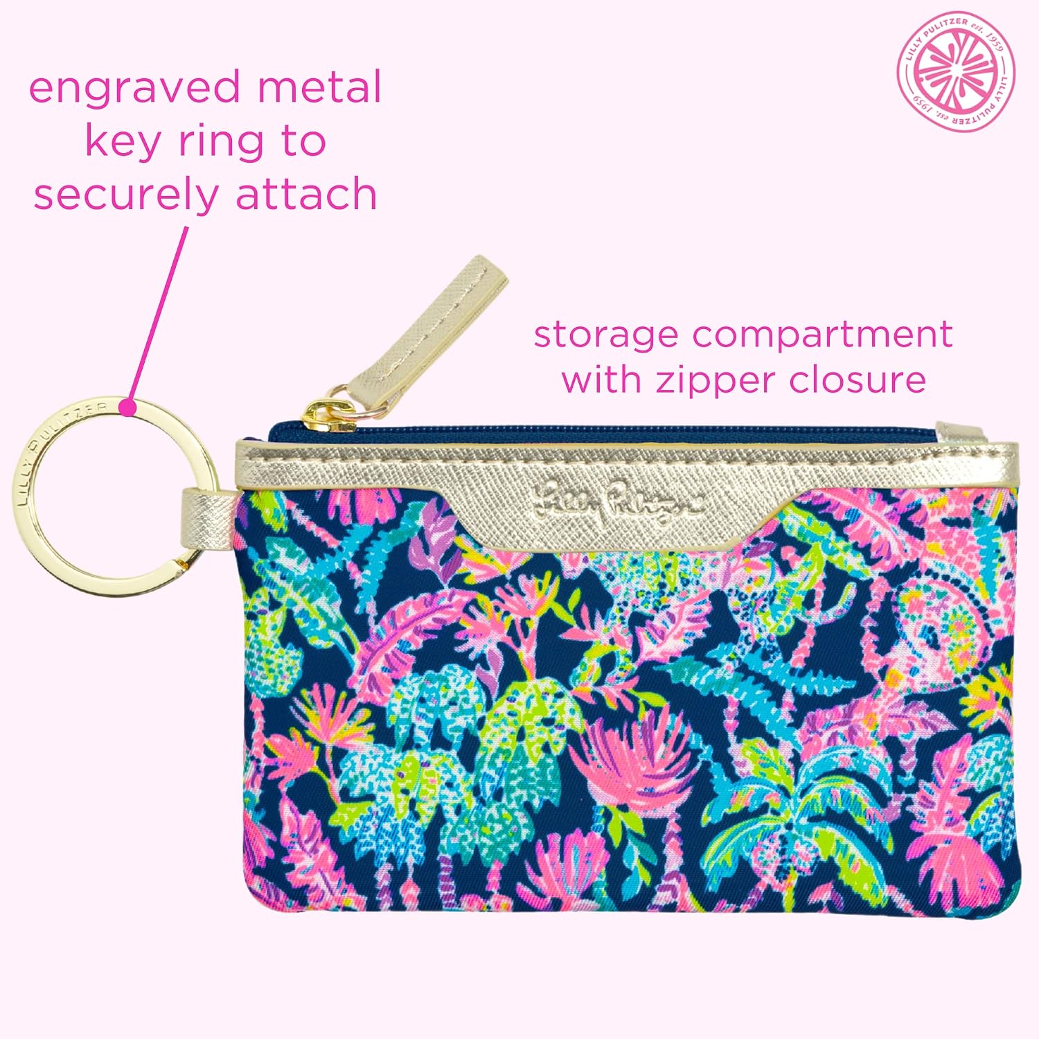 Lilly Pulitzer ID Case Keychain Wallet with Zip Close, Cute Durable Card Holder for Women Teen Girls, Seen and Herd