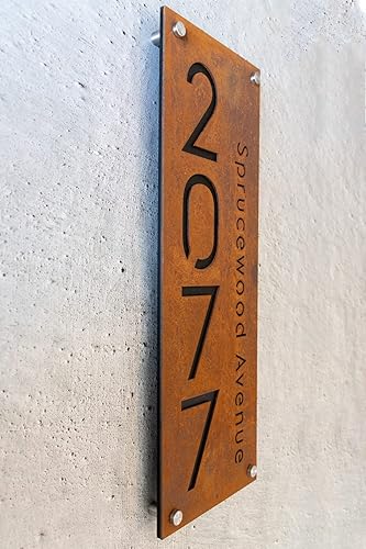 Miniatura 2 de Placa de números de casa de hierro oxidado con dirección, números de casa modernos para exterior, placa de dirección, señal de dirección