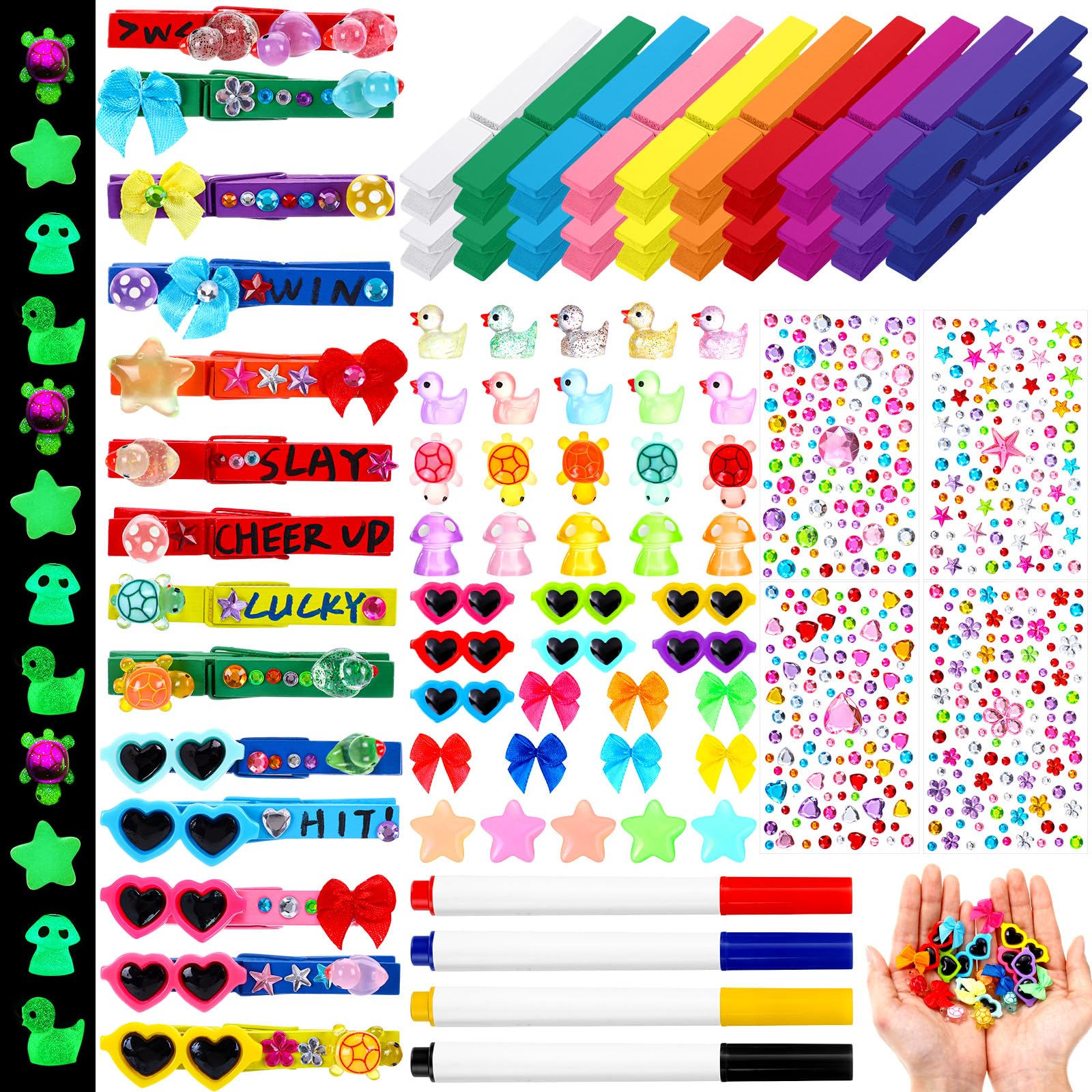 ShinyRelief 50 Set Cheer Pins Spirit Clips Wooden Colored Clothes Pins Mini Resin Duck Bow Animals Cheer Clothespin Decor for Backpacks Cheerleading Gift Team Cheerleading Clothes Bag DIY Craft Kit