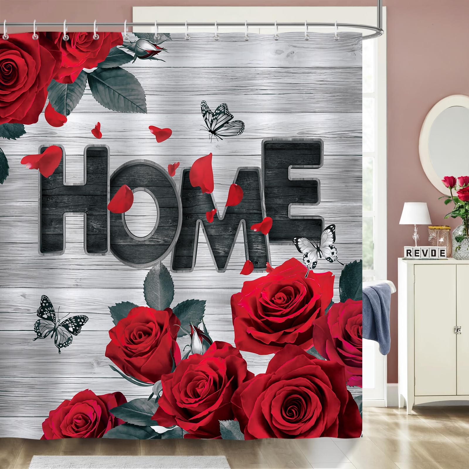 Bonhause Cortina de Ducha Día de San Valentín Flores de Rosa Rojas Retro Vintage Rústico Cortina de Baño de Poliéster Impermeable Antimoho Lavable Cortina Ducha 180 x 180 cm con 12 Ganchos