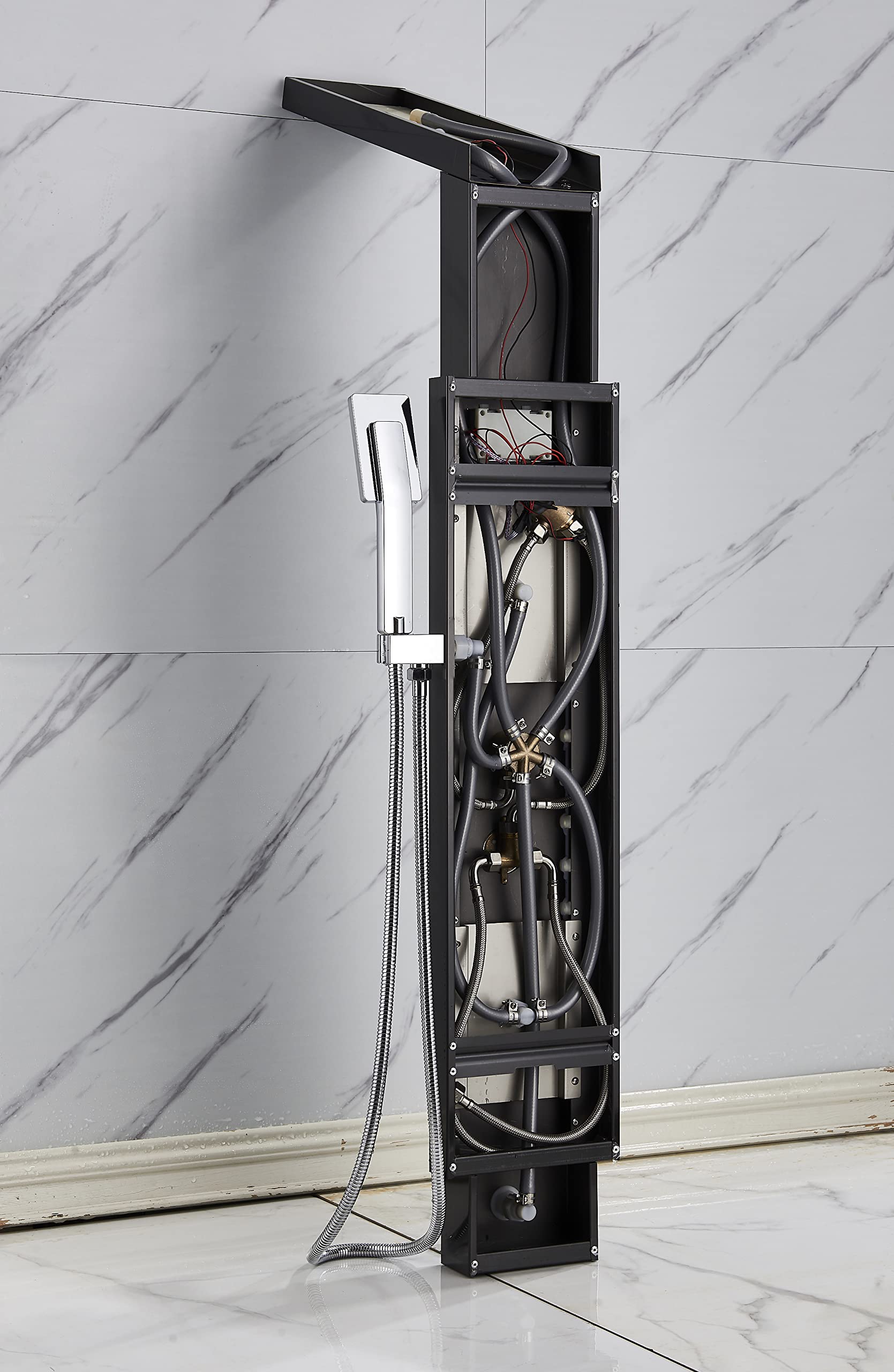 AWorddy LED Colonna Doccia Idromassaggio Miscelatore per Vasca con 5 Funzioni Pannello Doccia Set in 304 Acciaio Inox Sistema Set Doccia con Soffione Fisso,Massaggi,Doccetta e Bocca Vasca,Nera