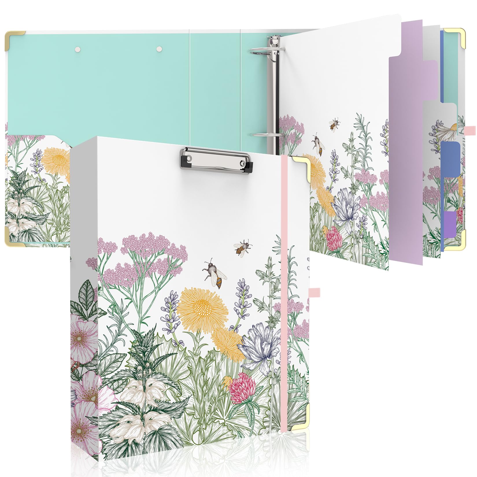 Raccoglitore a 3 anelli da 5 cm, con 6 divisori per linguette, 2 tasche interne, grazioso raccoglitore con spazio per lettere, organizer per cartelle per ufficio scolastico, portafoglio (fiori