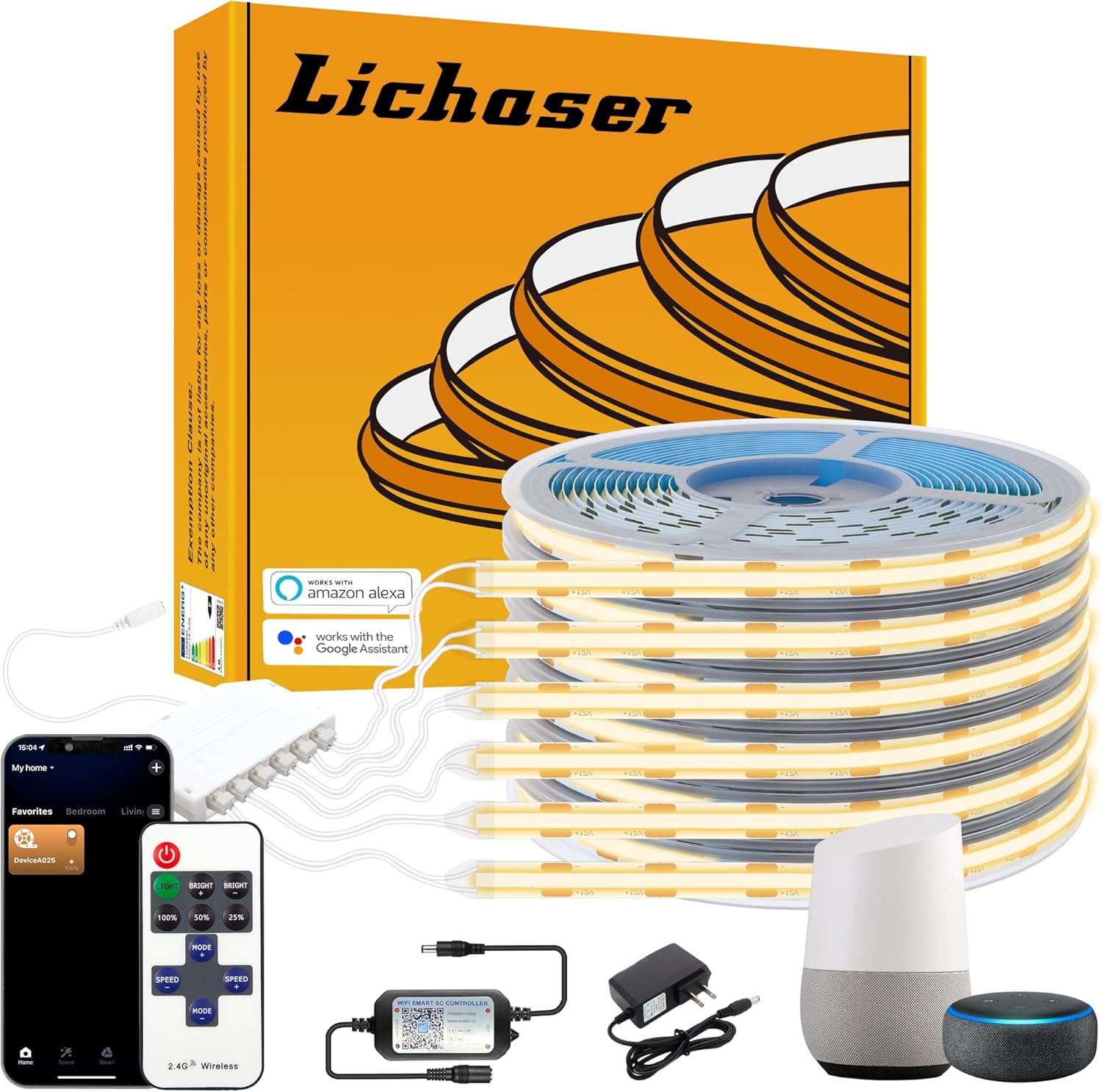 Lichaser 6 Rolls 9.84ft WiFi Flexible COB LED Lights for Wood Slat Wall Panels in Parallel, Acoustic Panel LED Strip Compatible with Alexa, 3000K Dimmable Strip for Acoustic Panels, Shelves Lighting