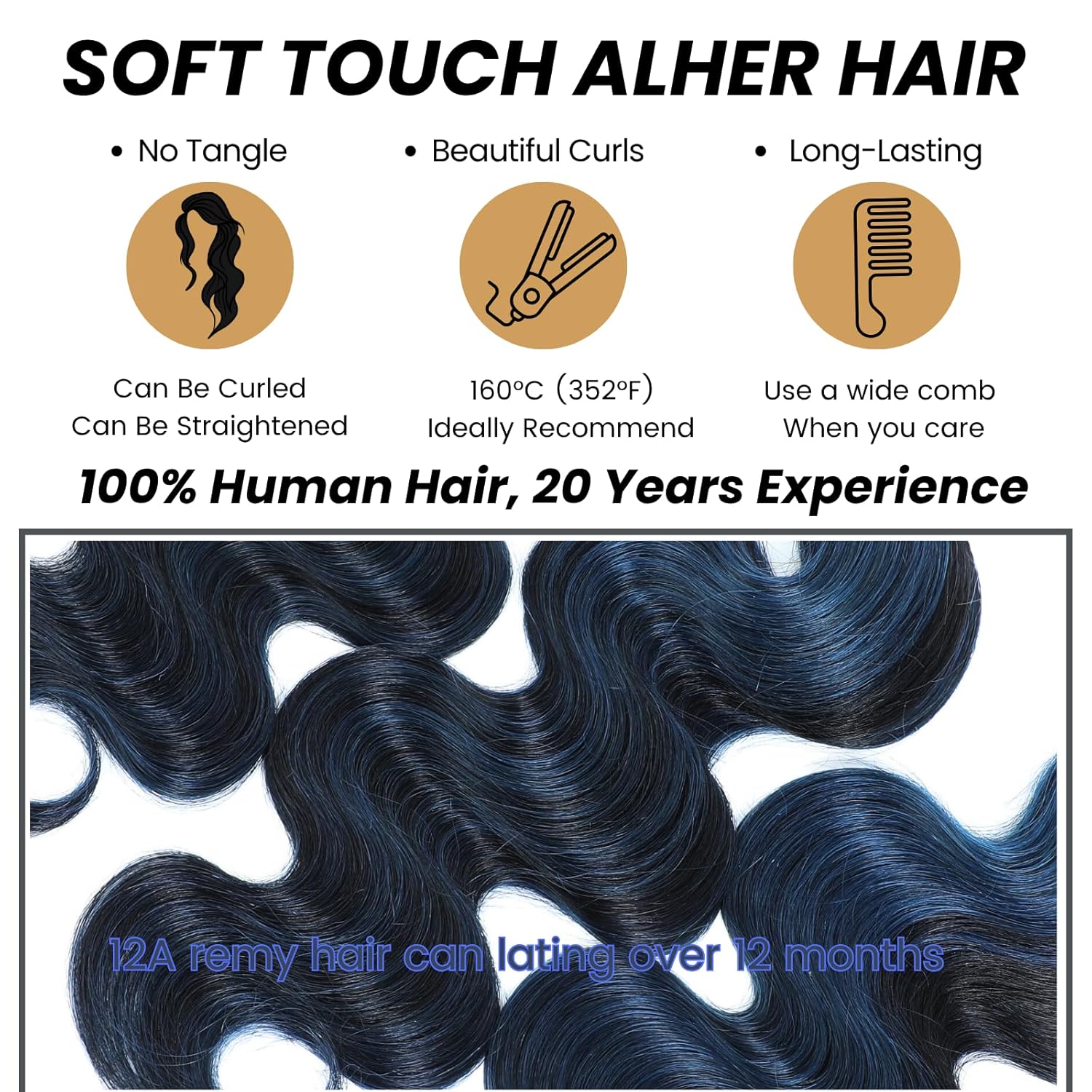 ALHER Black Mix Midnight Blue Highlight Bundle Human Hair Body Wave, 12A Soft Thick 3 Bundles Wavy Human Hair, 100% Remy Hair Balayage Two Tone Subtle Colored Double Weft (#1B/Blue, 12 14 16 IN)