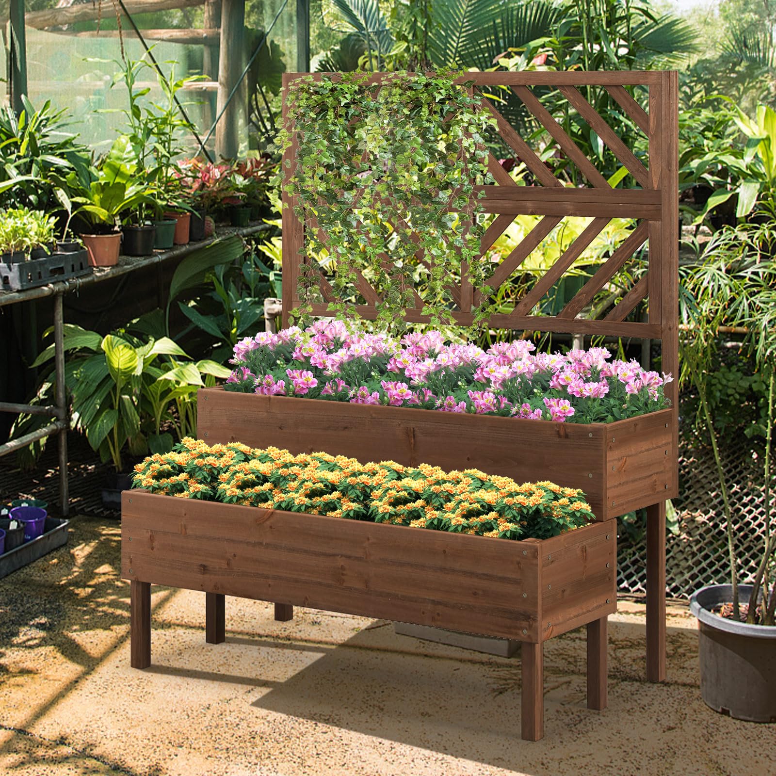 GOPLUS Cama Elevada de Jardín con Enrejado, Jardinera Exterior para Plantas Trepadoras de 2 Niveles, Enrejado de Jardín con Orificio de Drenaje, Huerto para Flores para Terraza Patio Balcón (Marrón)