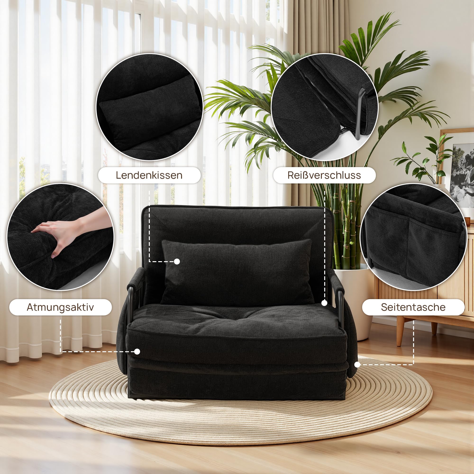 YINIX Faltbares Schlafsofa mit 5-stufig Verstellbarer Rückenlehne, Schlafsessel freistehend, 3-in-1 Bodensofa-Lounge mit Kissen für Wohnzimmer & Gäste (75cm-Einzelsitz)