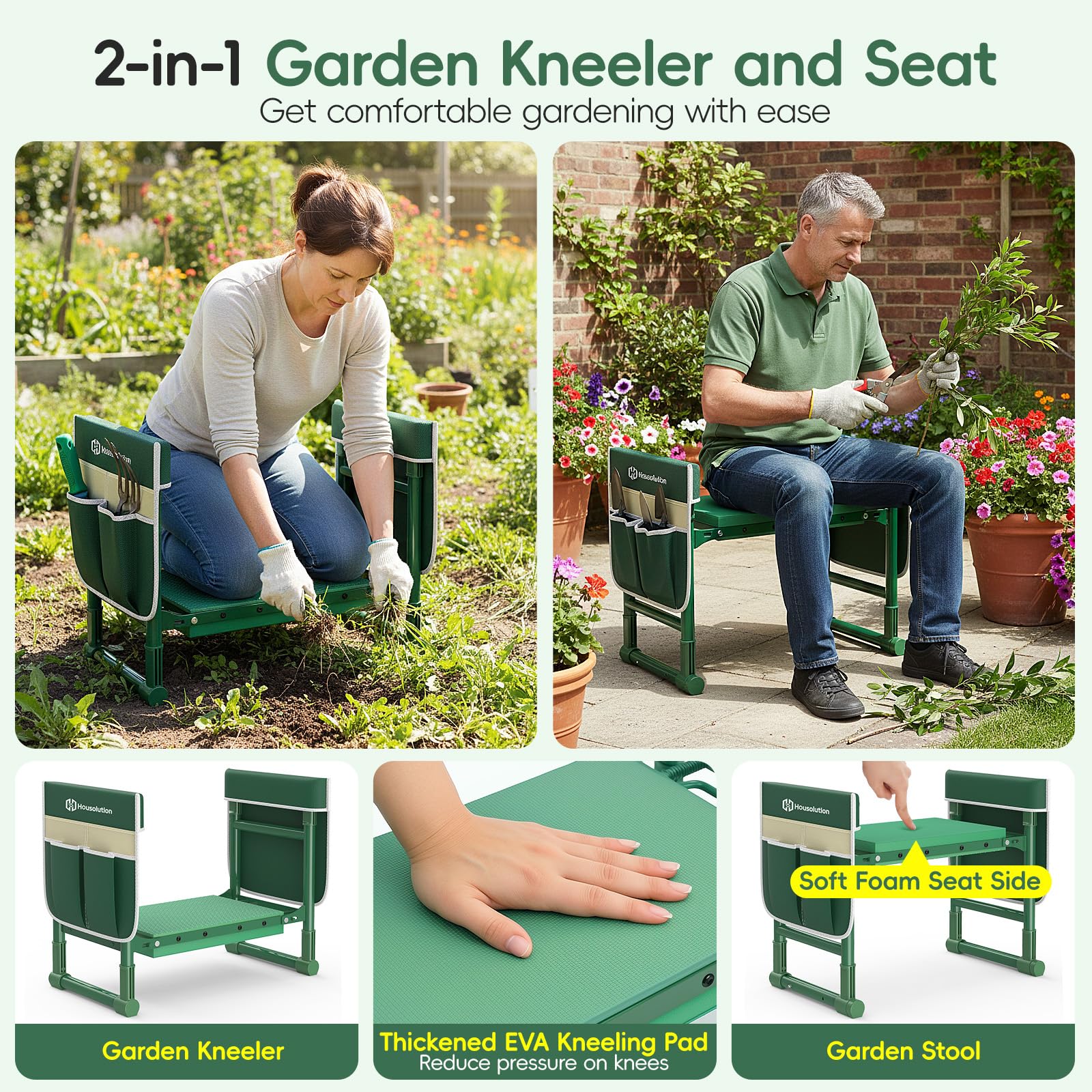 Housolution Rodillera y Asiento de Jardín Patas Extensibles Anti-Caída, Taburete Plegable con 2 Bolsas Herramientas, Almohadilla Gruesa Suave – Regalo Jardinería para Mujeres Hombres Adultos Mayores