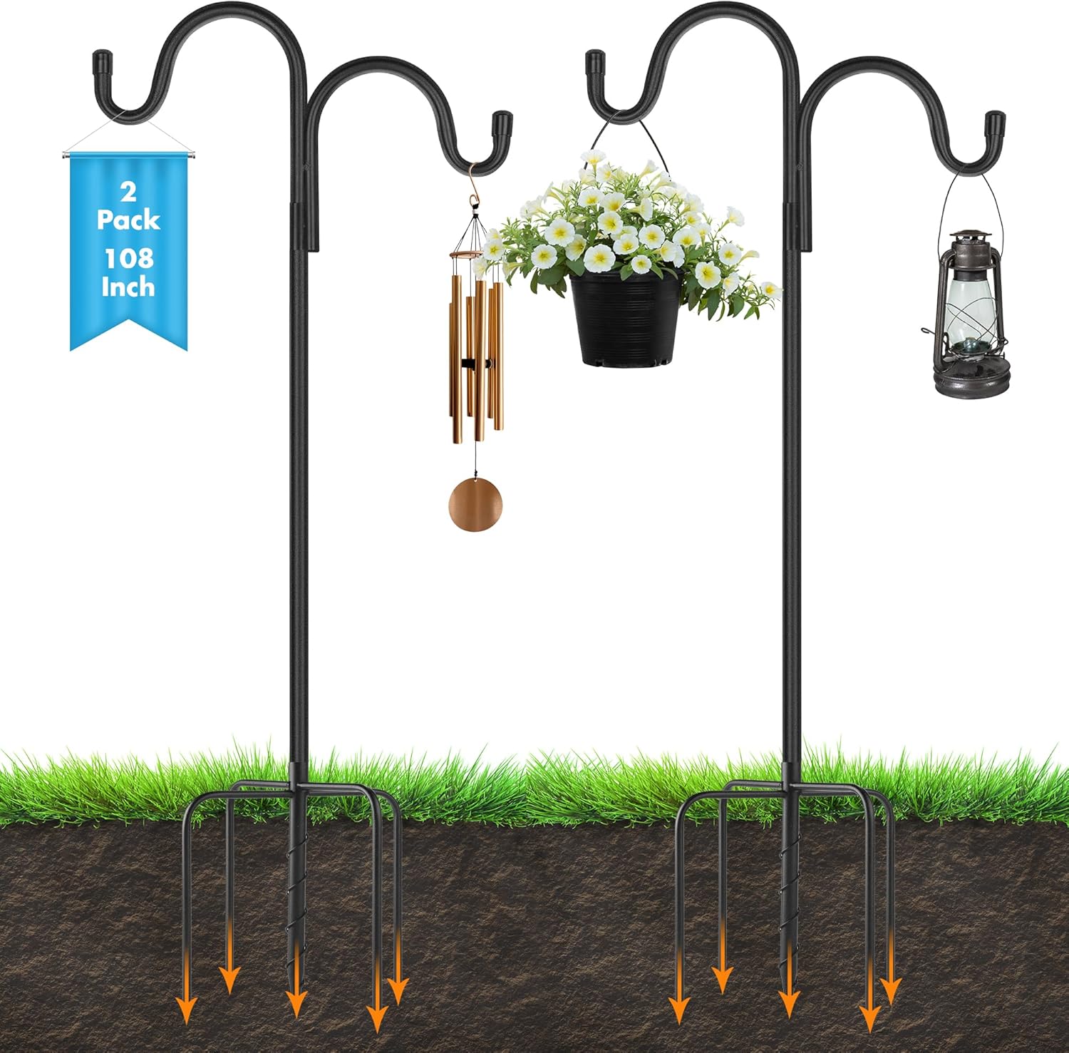 2 pack 108 inch adjustable double shepherds hooks for outdoor 2 sided bird feeder poles with 5 prong base heavy duty metal garden hook for hanging flower basket lantern plant bird nests decor 2 108 inch