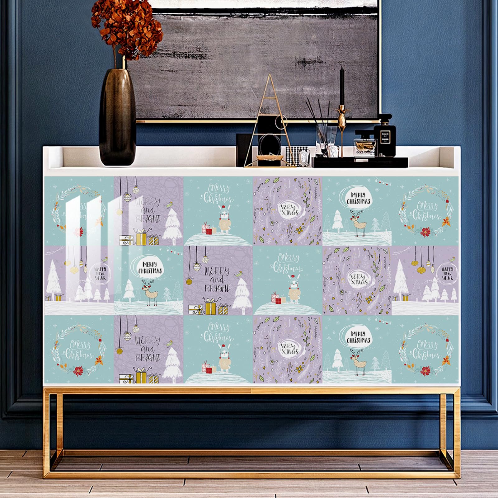 LMYSXAOZ Tile Stickers Purple Christmas Kitchen Stick On Tiles Transfers PVC Self Adhesive Durable Peel and Floor for Bathroom Oil-Proof Removable 15x15cm/10 pcs