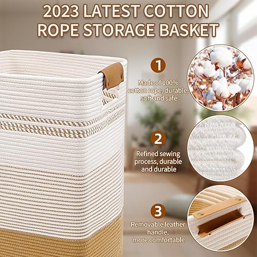 Miniatura 7 de DOFASAYI Cesta de lavandería grande de 85 litros con asas de cuero, cesta de almacenamiento decorativa para mantas, cesta de ropa para sala de