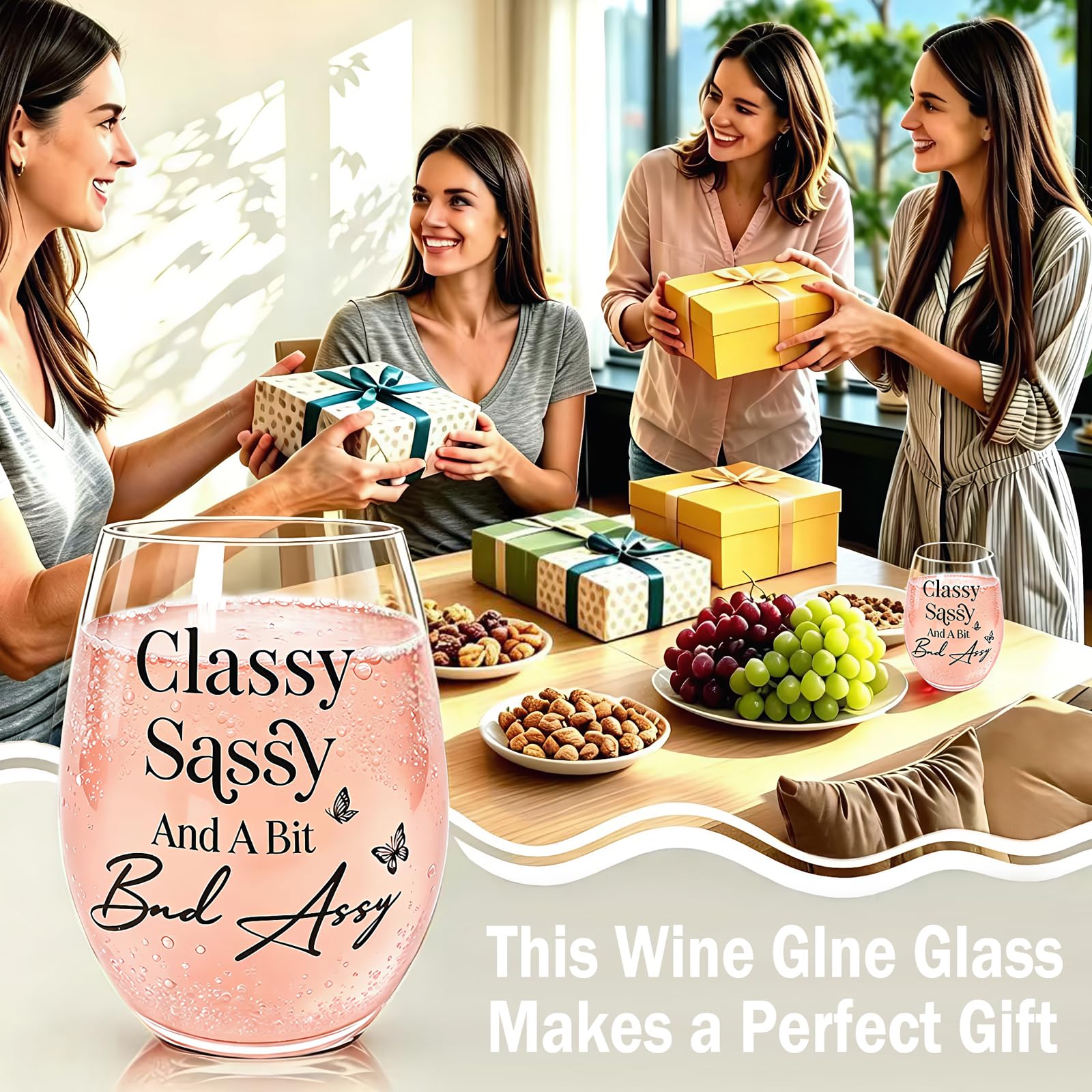 Funny Gifts for Women – 15oz Sassy Stemless Wine Glass, Hilarious Birthday Present for Friend Sister Coworker Neighbor Girlfriend, Novelty White Elephant Gag Gift for Adults