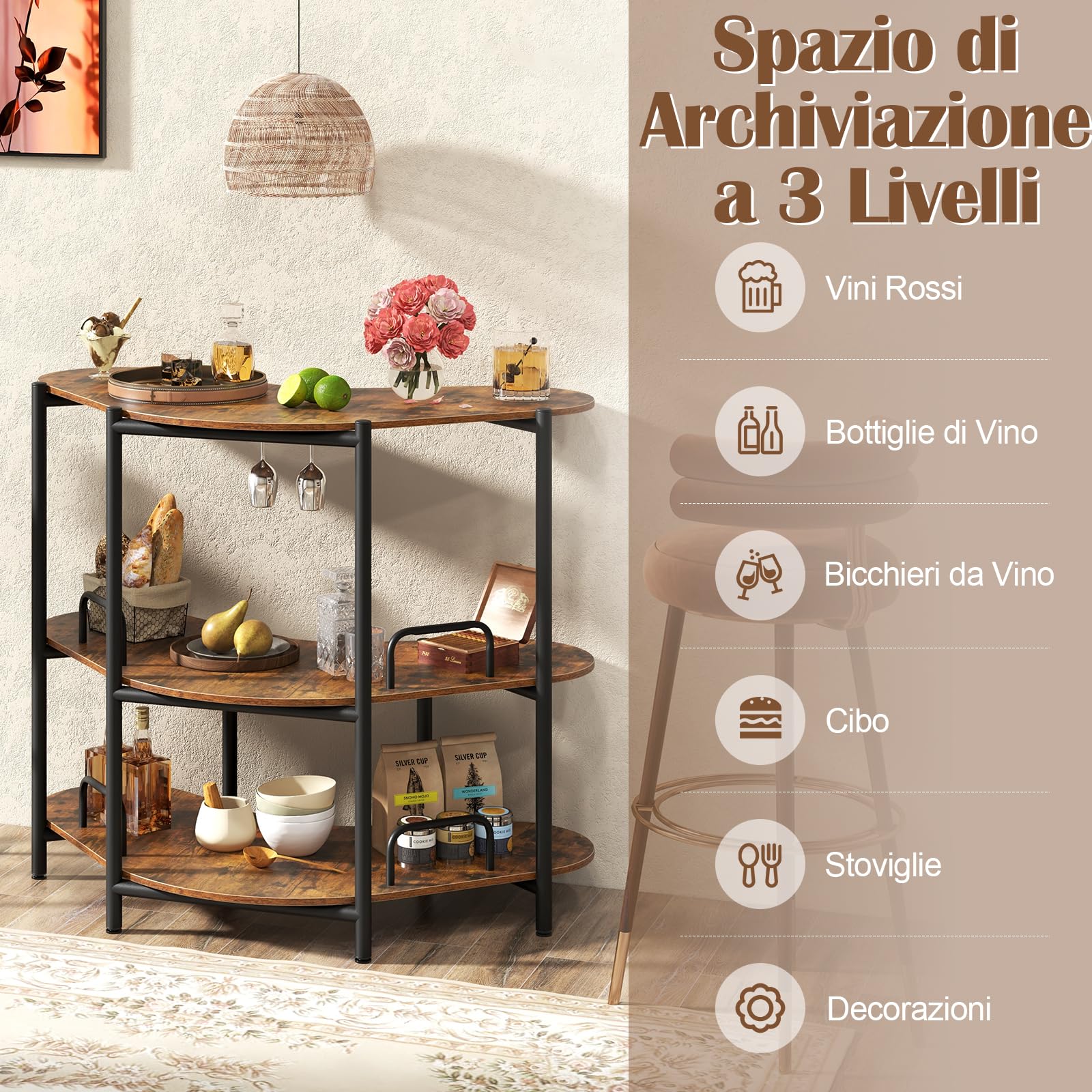 RELAX4LIFE Tavolo da Bar, Tavolo da Bistrot a 3 Piani con Portabicchieri, Tavolo Angolare Moderno in Metallo per Casa, Cucina, Bar (Marrone)