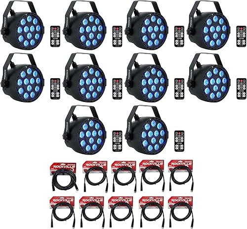 10 Rockville RockPAR TRI LED RGB Compact Par Can Pro DJ DMX Wash LightRemote Black Bundle con 9 cable de iluminación RDX3M10 DMX y cable de