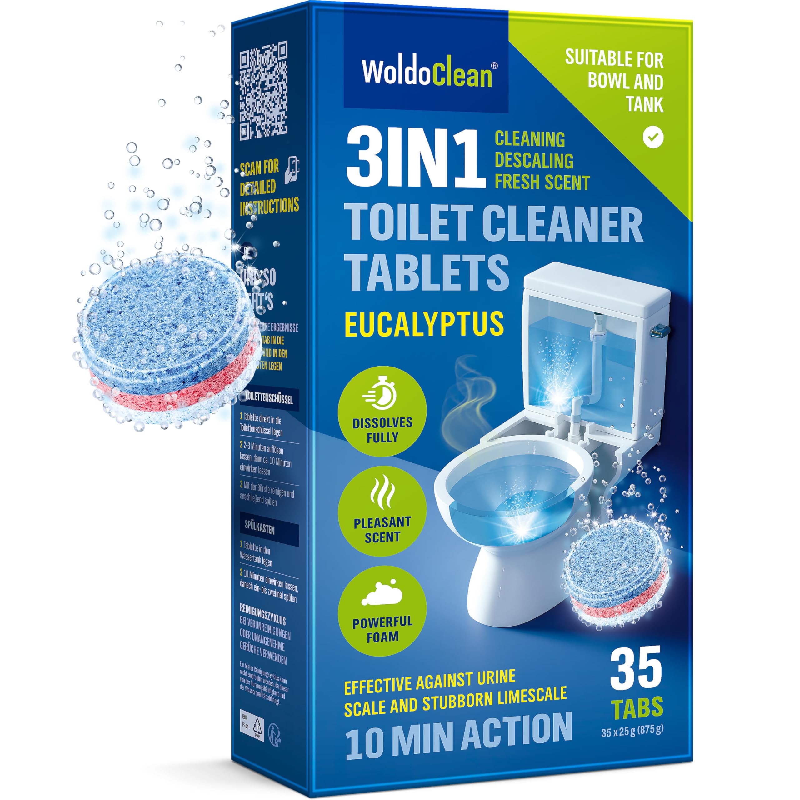 Schede per WC a 3 fasi, formula di eucalipto, fresca, 35 pastiglie