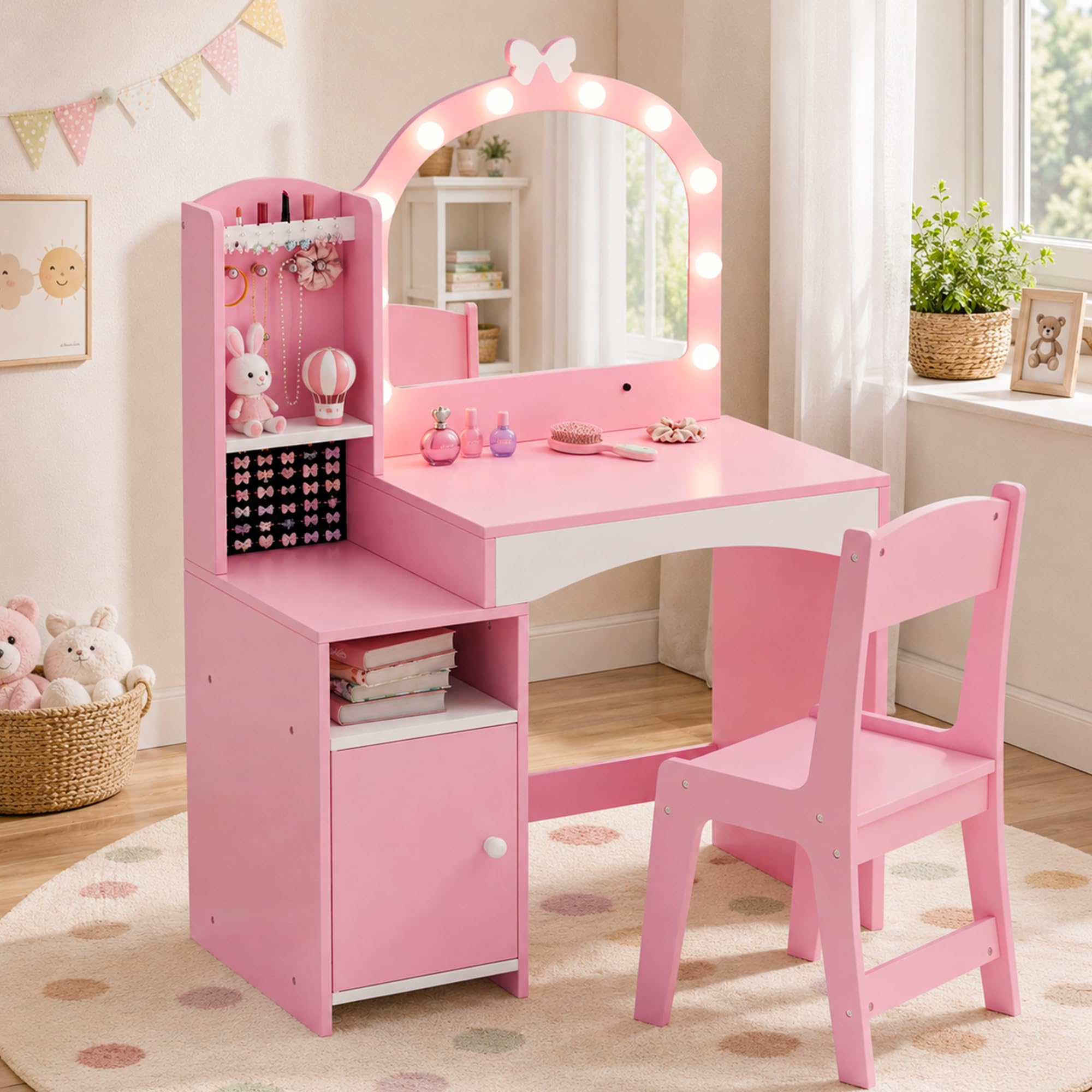 Xilingol Kids Vanity Set,Dressing Table with Mirror and Chair,Wooden Makeup Desk with Hooks & Storage Shelves,Pretend Make-Up Set For Girls Bedroom or Playroom, White — image 1