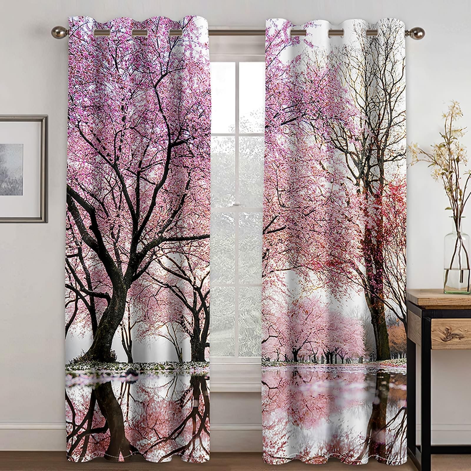 Gualiy Wohnzimmer Vorhänge, Vorhänge Blickdicht 107x138cm Kirschbäume Ösenvorhang Verdunkelung 2er Set