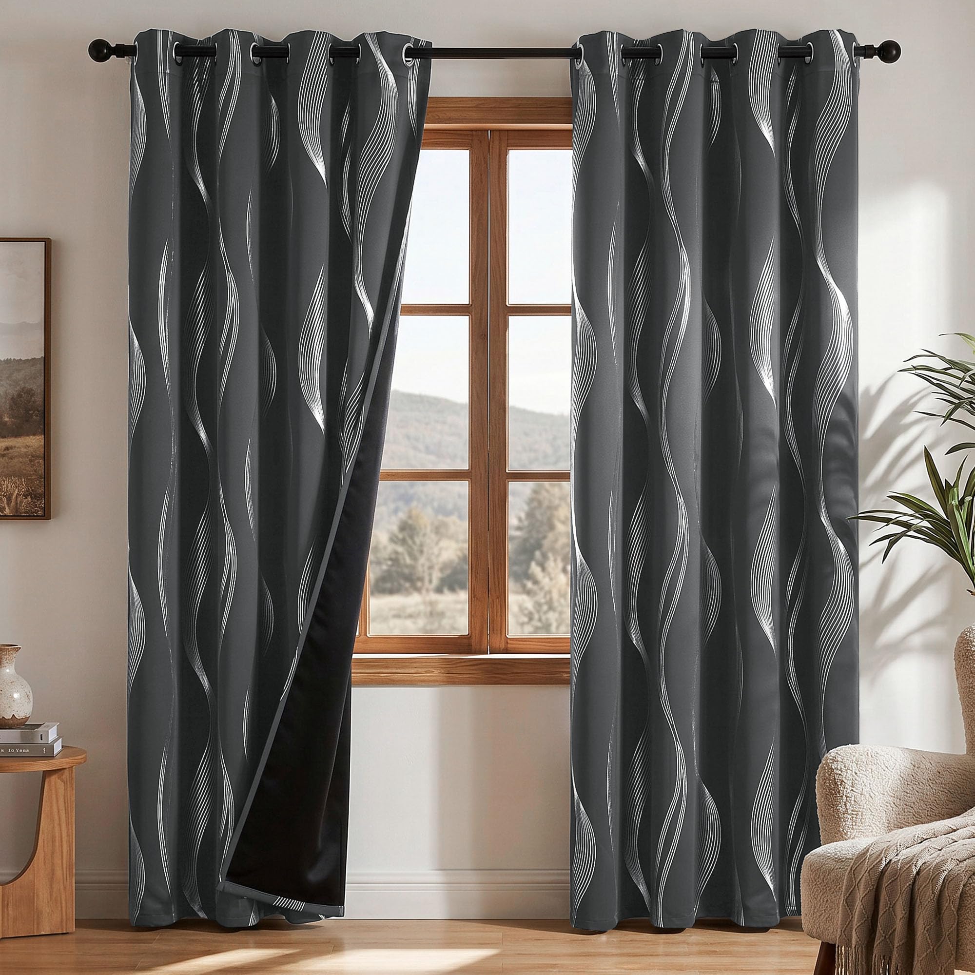 Deconovo Full Blackout Curtains 84 Inch Drop OEKO-TEX Certified Thermal Insulated Eyelet Door Curtains for Living Room Bedroom with Silver Wave Line Foil Printed Dark Grey W52 x L84 2 Panels