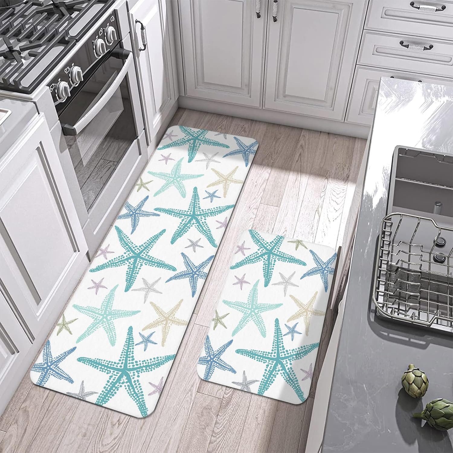 Coastal Sage Green Starfish Kitchen Mats Set of 2 Nautical Minimalist Ocean Summer Non Slip Mat Washable Floor Rug for Kitchen Sink Floor Laundry, 20"x24"+20"x48"