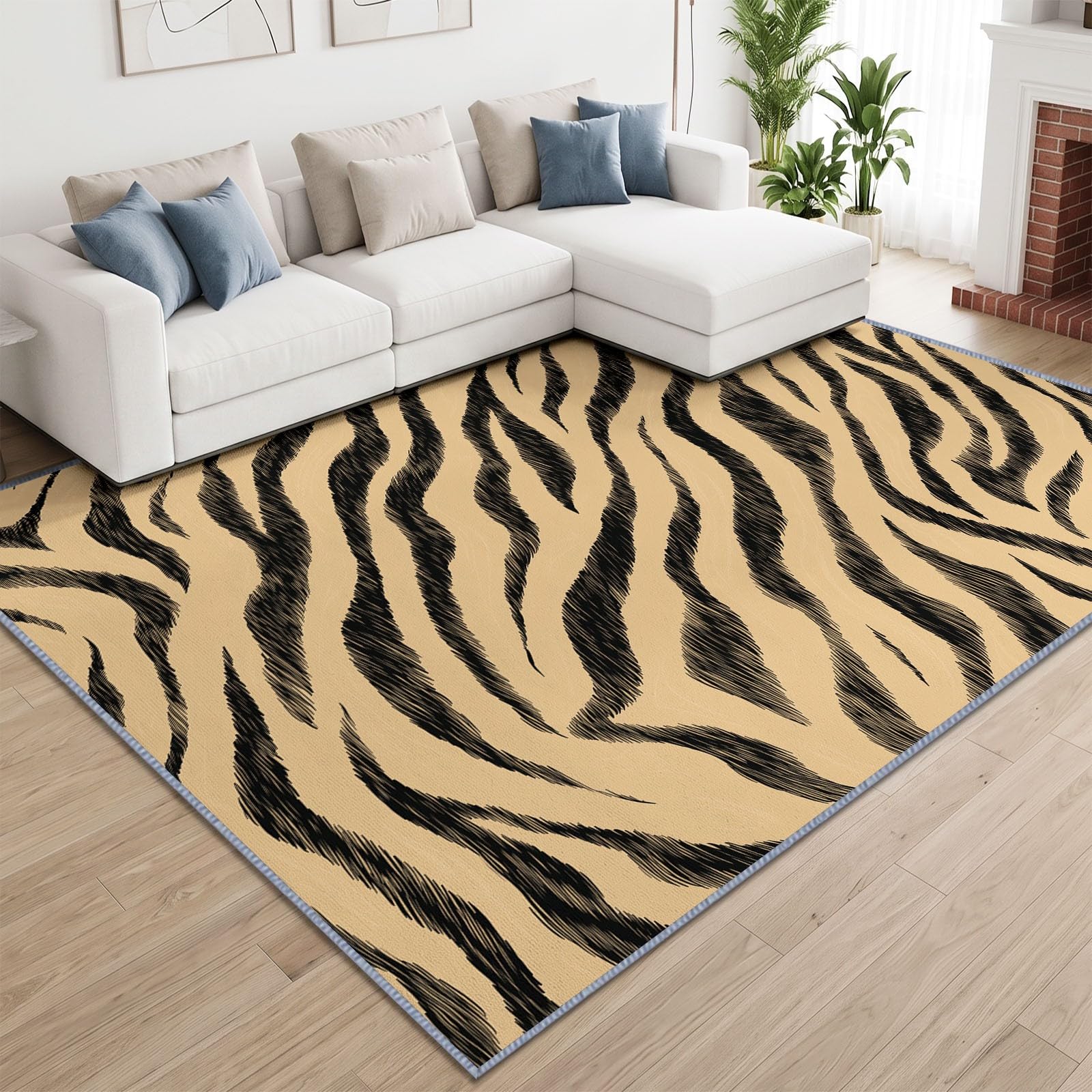 Tapis de Salon Lavable 160 x 230 cm Rayures Tigre Beige, Tapis Antidérapant à Poils Ras Imprimé Animal pour Cuisine Bureau Salle à Manger - Moquette Décoration Intérieure Chambre d'enfant