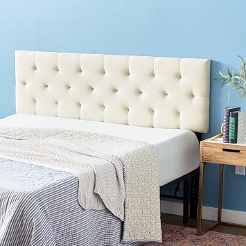 Lucid Mid-Rise Upholstered Headboard - Diamond Tufted - Padded Polyester - Adjustable Height from 34 to 46 - Easy Assembly - Bed Frame or Wall Mount - Sturdy - Pearl - Queen Size