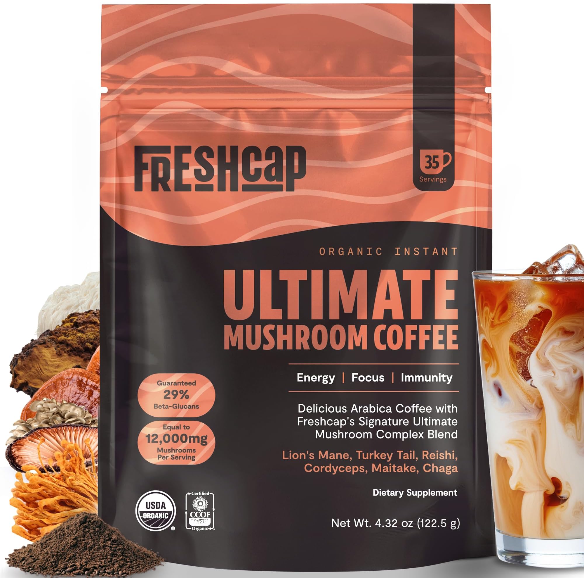 FreshCap Mushrooms Ultimate Mushroom Complex – Coffee Mix 12:1 Fruiting Body Extract with 29% Beta-Glucans – Ayurveda Clean Energy, No Jitters, Focus & Immune Support