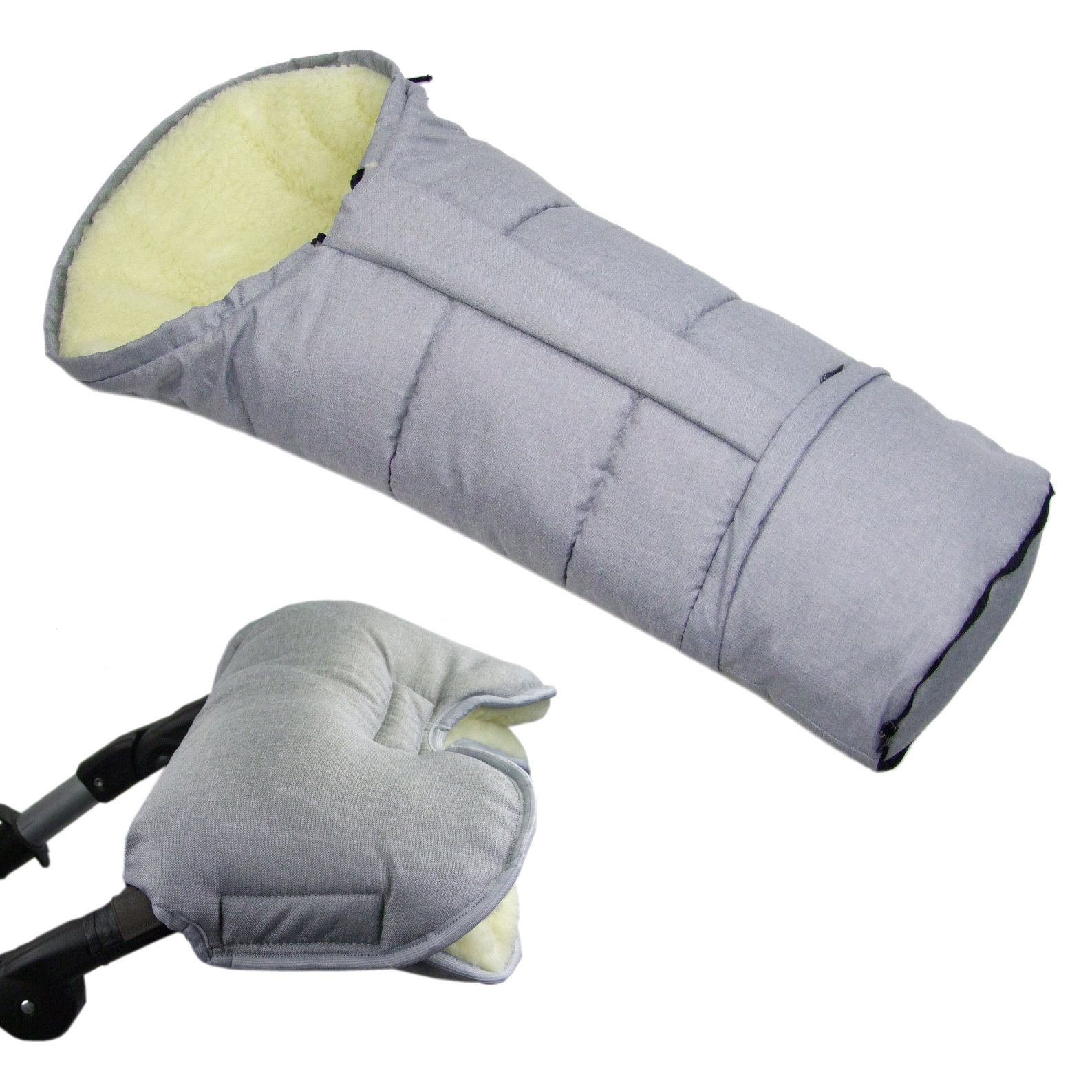 Bambiniwelt, offerta combinata MUFF + sacco a pelo invernale in lana d'agnello per passeggino, carrozzina, slitta mellata (grigio chiaro) XX