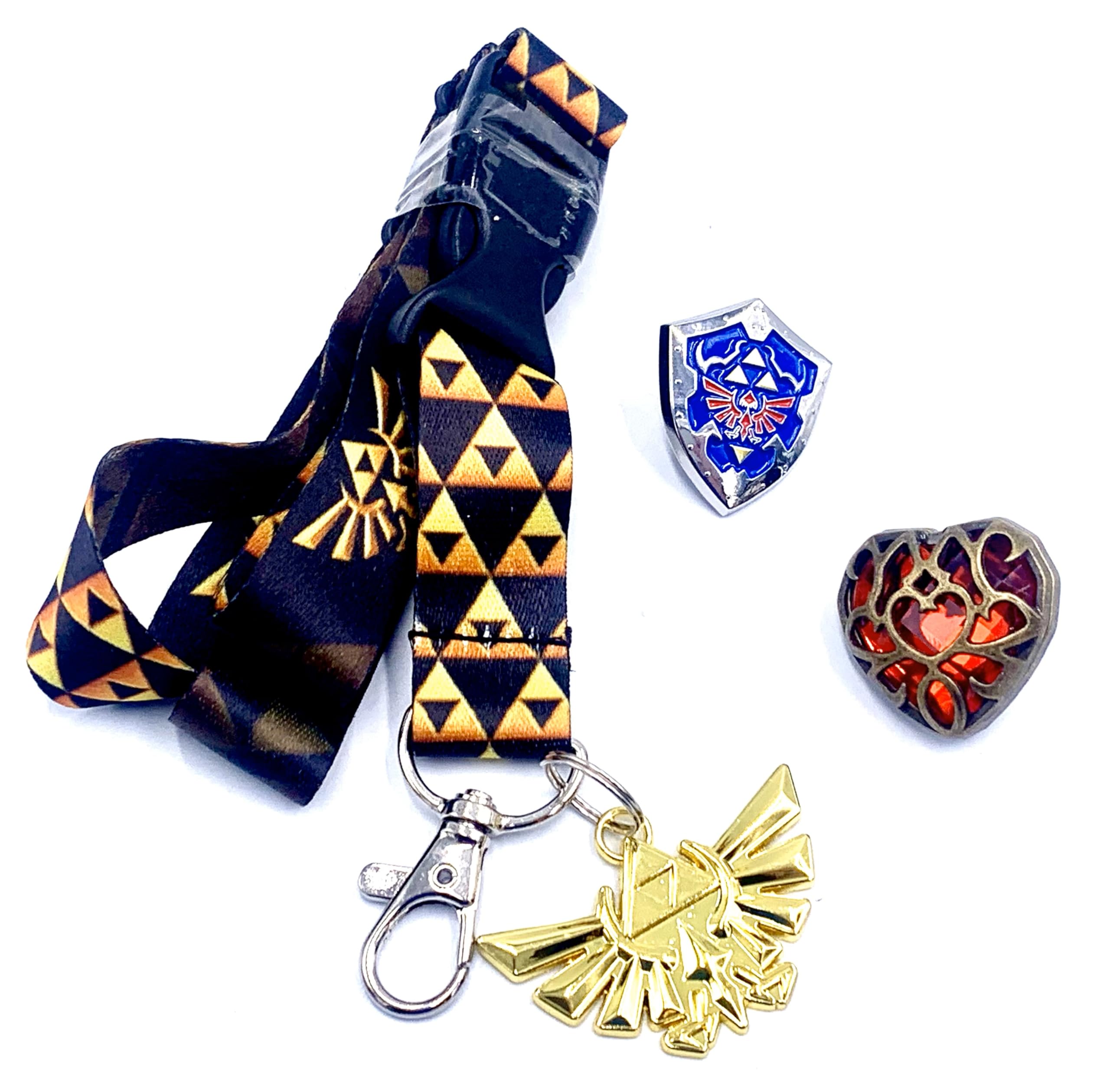 BIOWORLD Zelda Gaming Collectible 3 Piece Tin Box Gift Set - Shield and Heart Container Lapel Pin and Hyrule Crest Lanyard