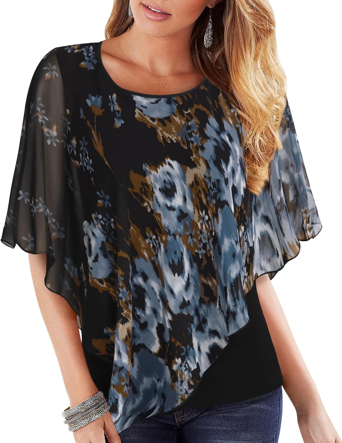Lotusmile Women's Lightweight Flowy Shirt Double-Layered Printed Chiffon Poncho Blouse Top