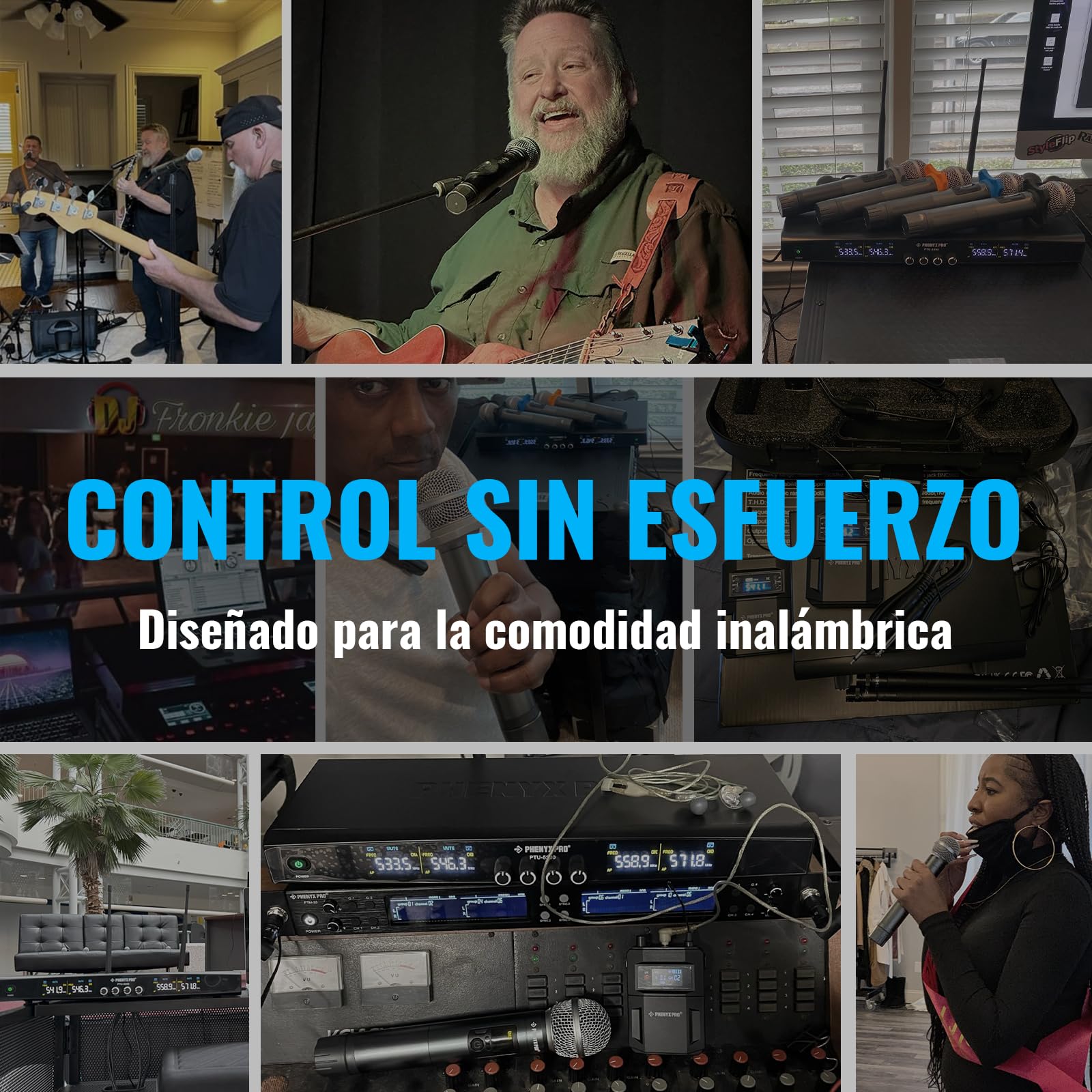 Phenyx Pro Sistema de Micrófono Inalámbrico 4 Canales PTU-5200-2H2B | 2 Mics de mano dinámicos, 2 bodypacks, Mics de diadema/solapa, 4 x 25 frecuencias, Alcance 200 ft, Karaoke
