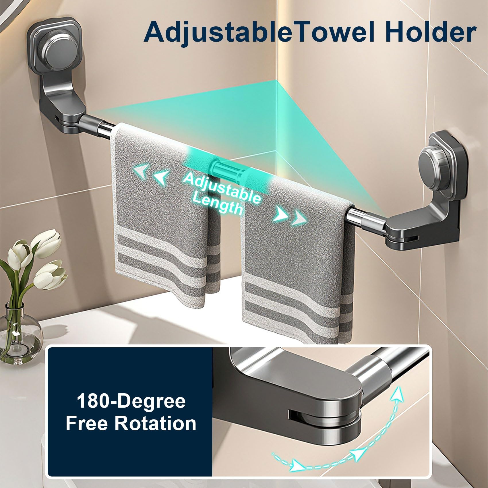 Toallero de Ventosa, Toallero sin Perforar Azulejos, Barra de Toalla Extensible Acero Inoxidable, Toallero Telescópico Ajustable Giratorio para Baño Cocina Ducha(Blanca,65-130cm)
