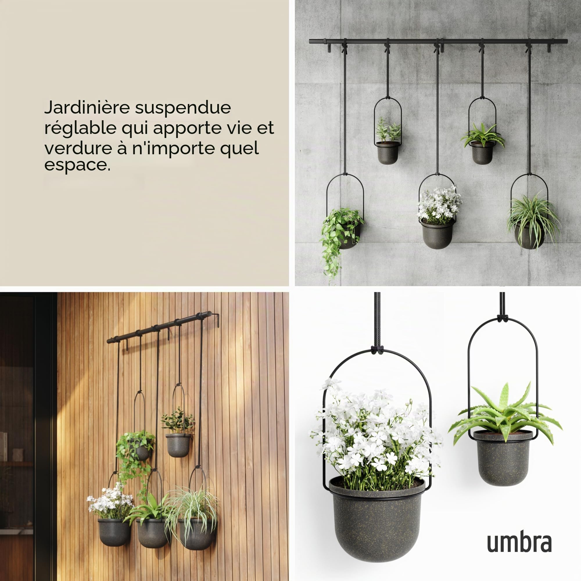 Umbra Triflora Ensemble de 5 pots suspendus, Ajustable Jardinière d'intérieure Suspendue avec Rails, Noir