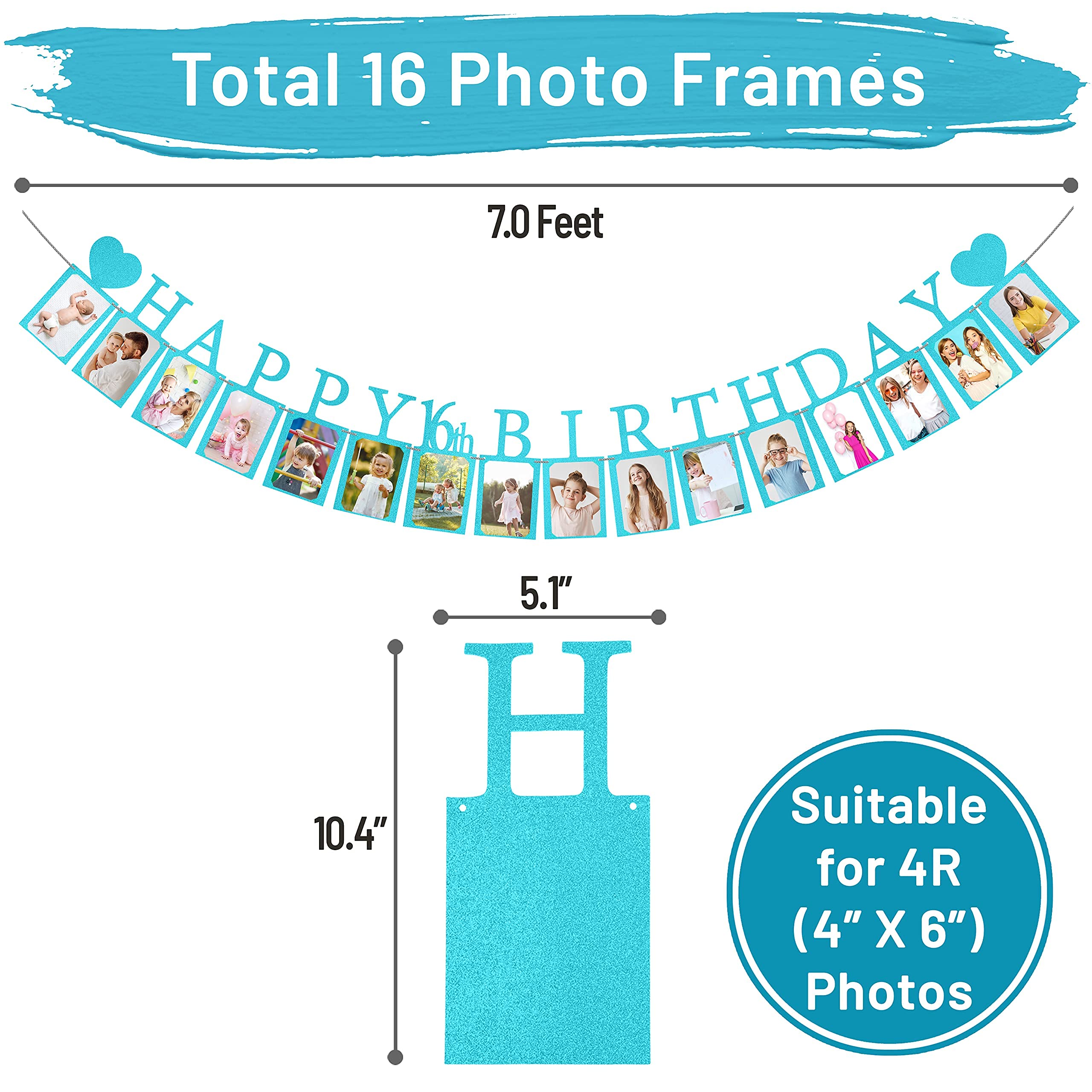 Bannière Photo Préassemblée Pour 16e Anniversaire Avec 16 Panneaux – Bannière « Sweet 16 » Avec 16 Cadres Photo – Décorations D'anniversaire Pour Filles Avec 16 Panneaux