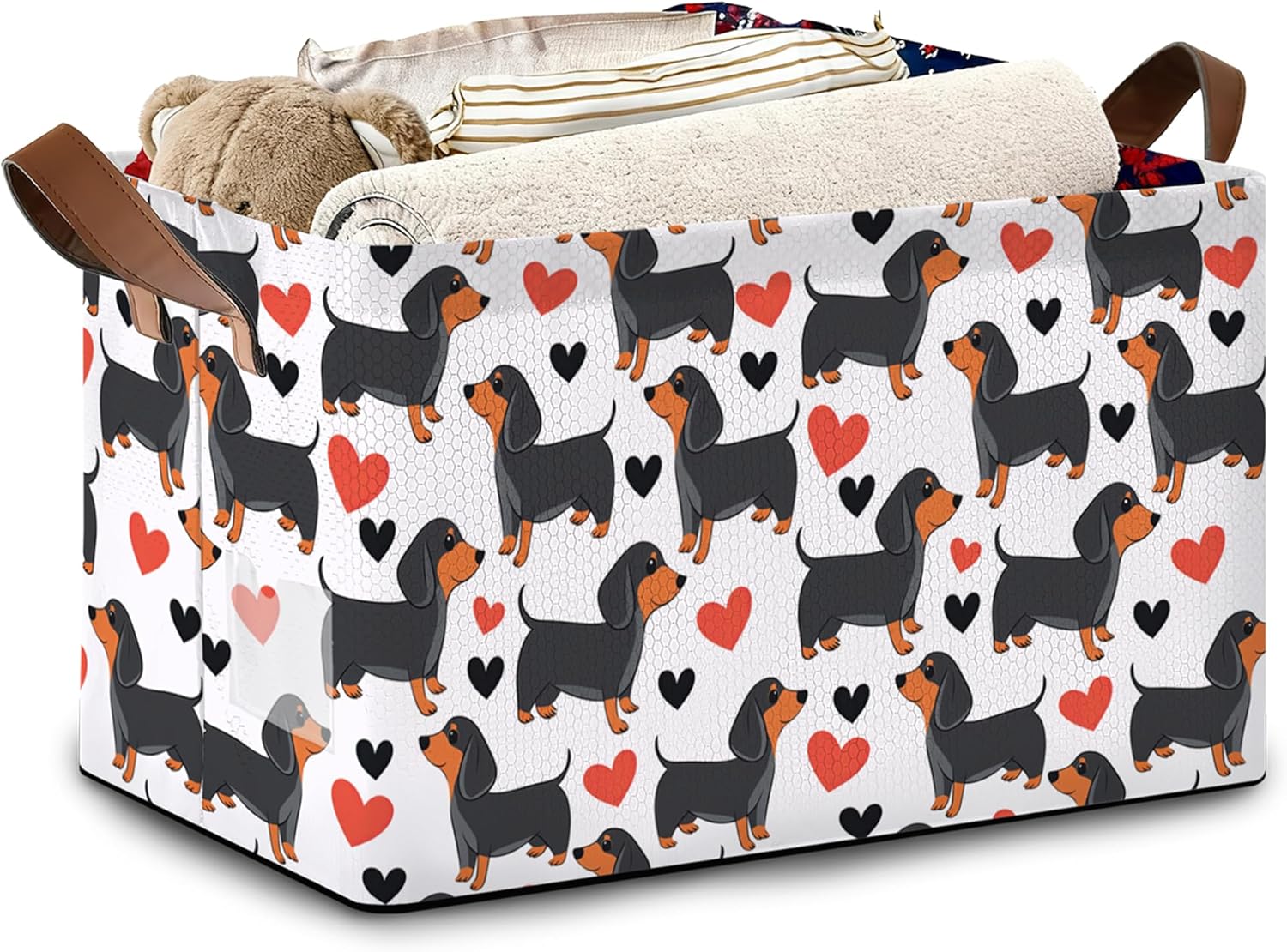 Dachshund Storage Basket,Red Heart Collapsible Storage Bin Cubes for Living Room Bedroom Blankets Home Storage 17x11.5x10Inch