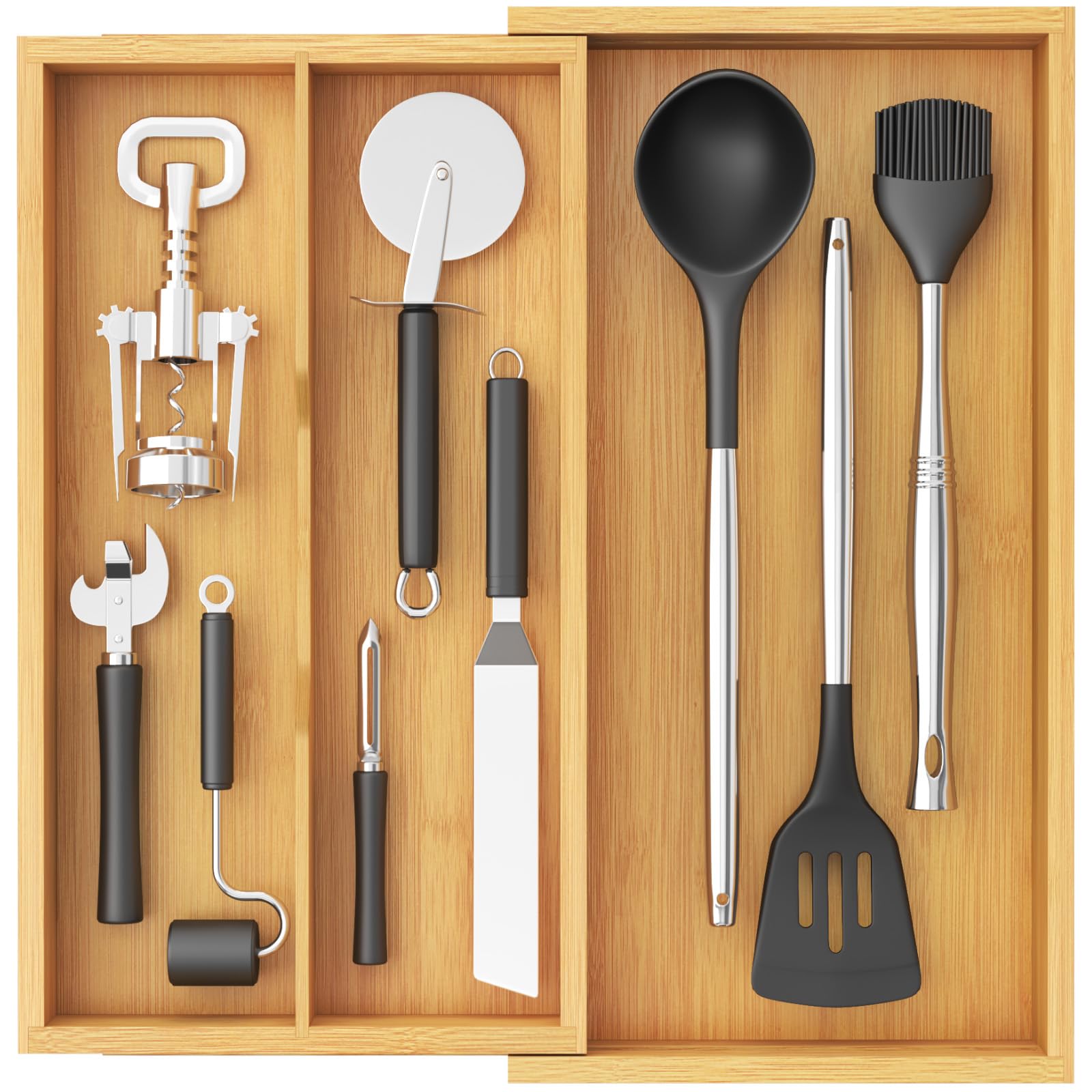 Lifewit Bamboo Utensil Organizer for Kitchen Drawer, Cooking Utensil Tray