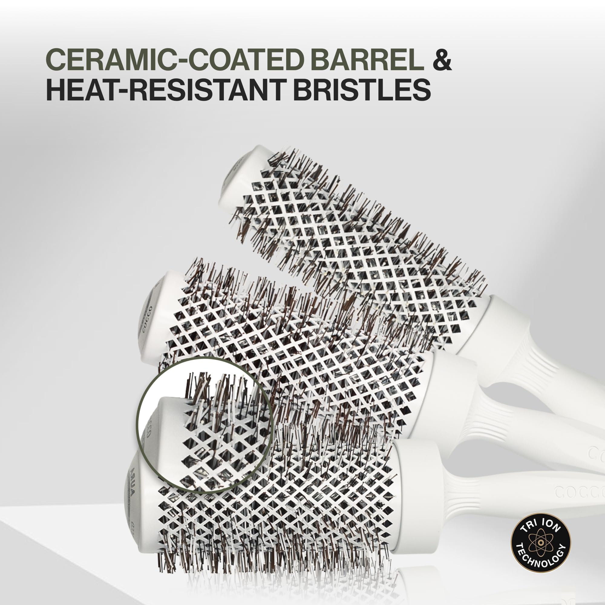 Cocco Aura Brush Set Blanco 4pz - set de cepillos | Paleta de cerámica, secado y control de encrespamiento, cerdas de turmalina, agarre ergonómico, juego completo de estilo