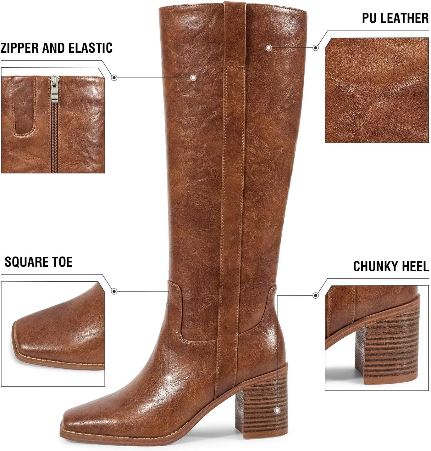 ISNOM Knee High Boots Women Chunky Low Heel Square Toe Elastic Boots Side Zipper Faux Leather Fall Long Tall Boot - Image 5