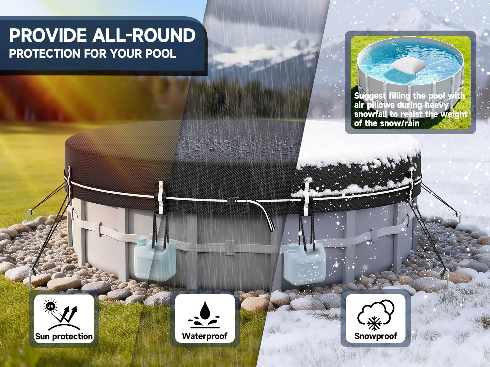 LXKCKJ 12 FT Round Pool Covers for Above Ground Pools, 420D Solar Pool Cover With Ground Nail Accessories Set, Spa covers for Hot Tub,Stock Tank Pool Cover Ideal for Waterproof, Dustproof, Windproof — view 8