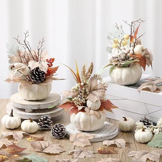 3 Pcs 9 Inch Fall Artificial Pumpkins Fake Pumpkin Centerpiece Decor Cozy Maple Leaves Styles Farmhouse Neutral Fall Decor Autumn Rustic Thanksgiving Fall Decoration for Home Indoor Outdoor
