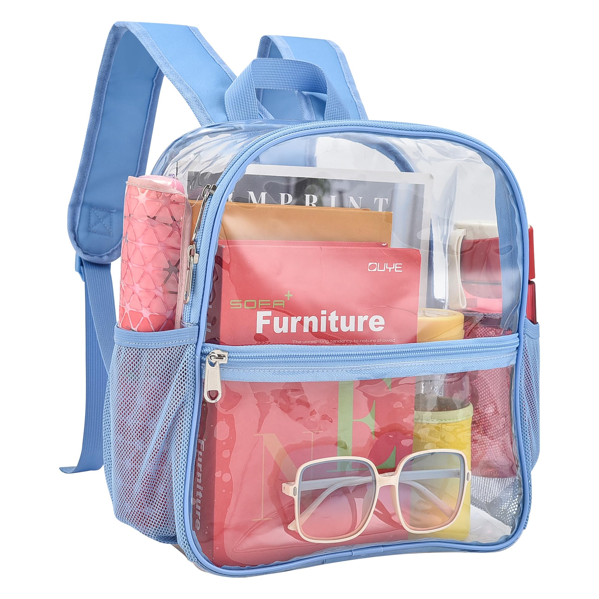 Busiuw Clear Backpack for Stadium Events 12x12x6 Mini Small Sports Fan Backpacks with Front Pocket for Concert Sport Events Work Travel(Sky blue)