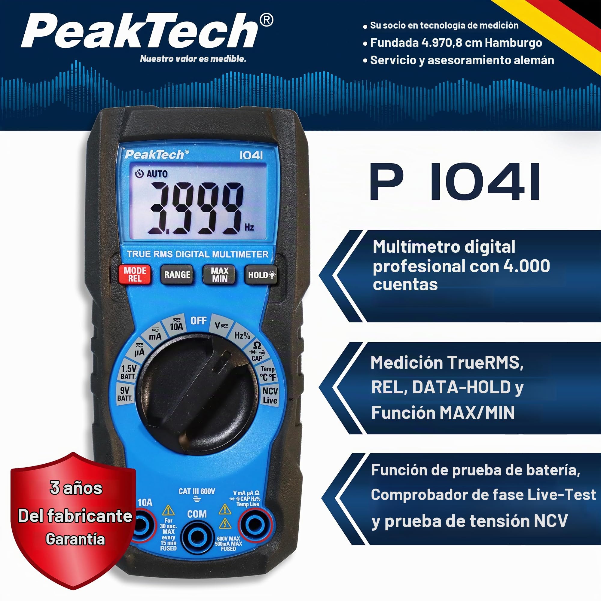 PeakTech P 1041 - Multímetro digital TRMS 4.000 cuentas, rango automático, comprobador de tensión, corriente, resistencia, capacitancia y continuidad, Negro