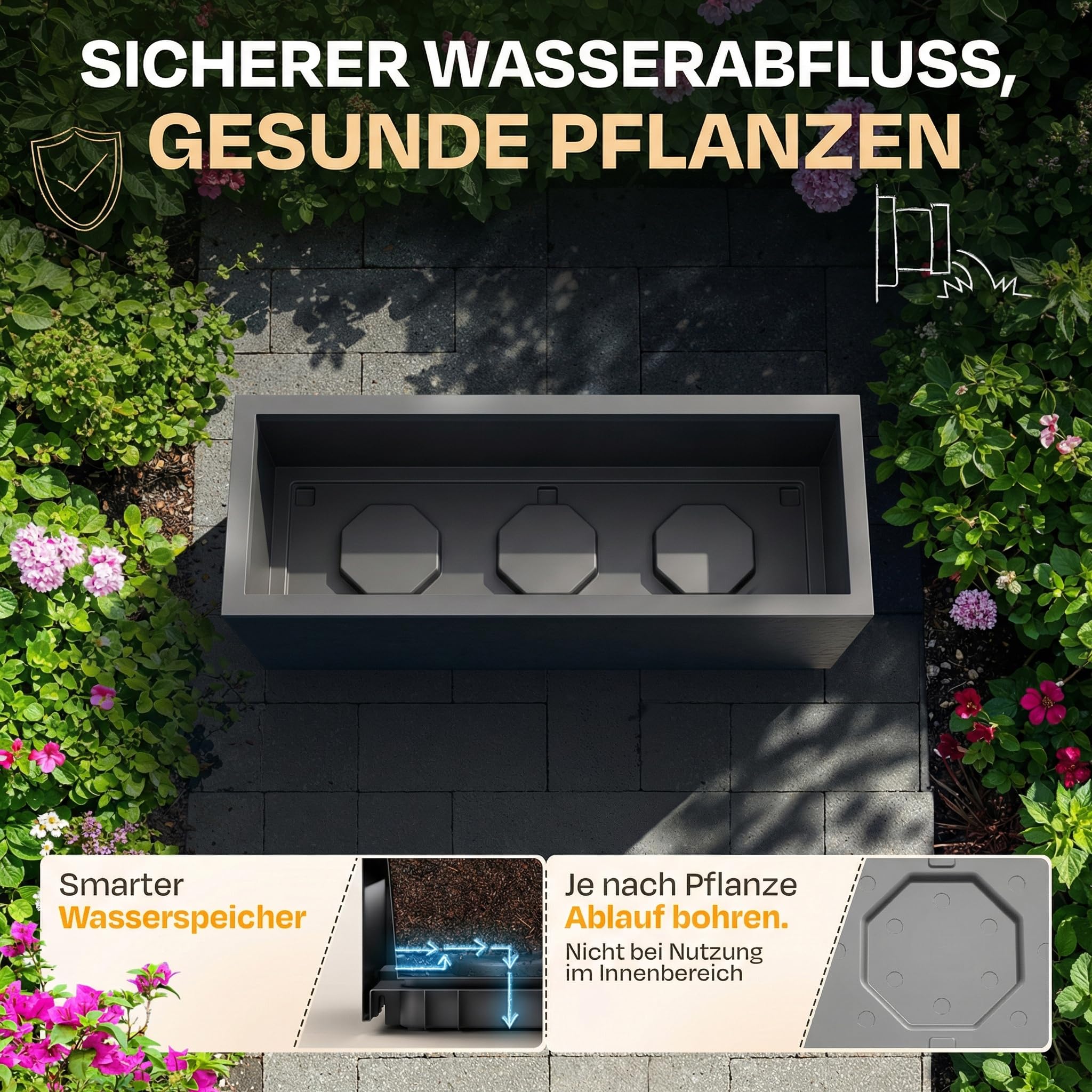 Ondis24 2X Pflanzkübel Vulkano, je 50L Pflanzvolumen, rechteckig, Blumenkasten mit Wasserspeicher, Balkon Terrasse, Blumenkübel, Doppelpack (Anthrazit)