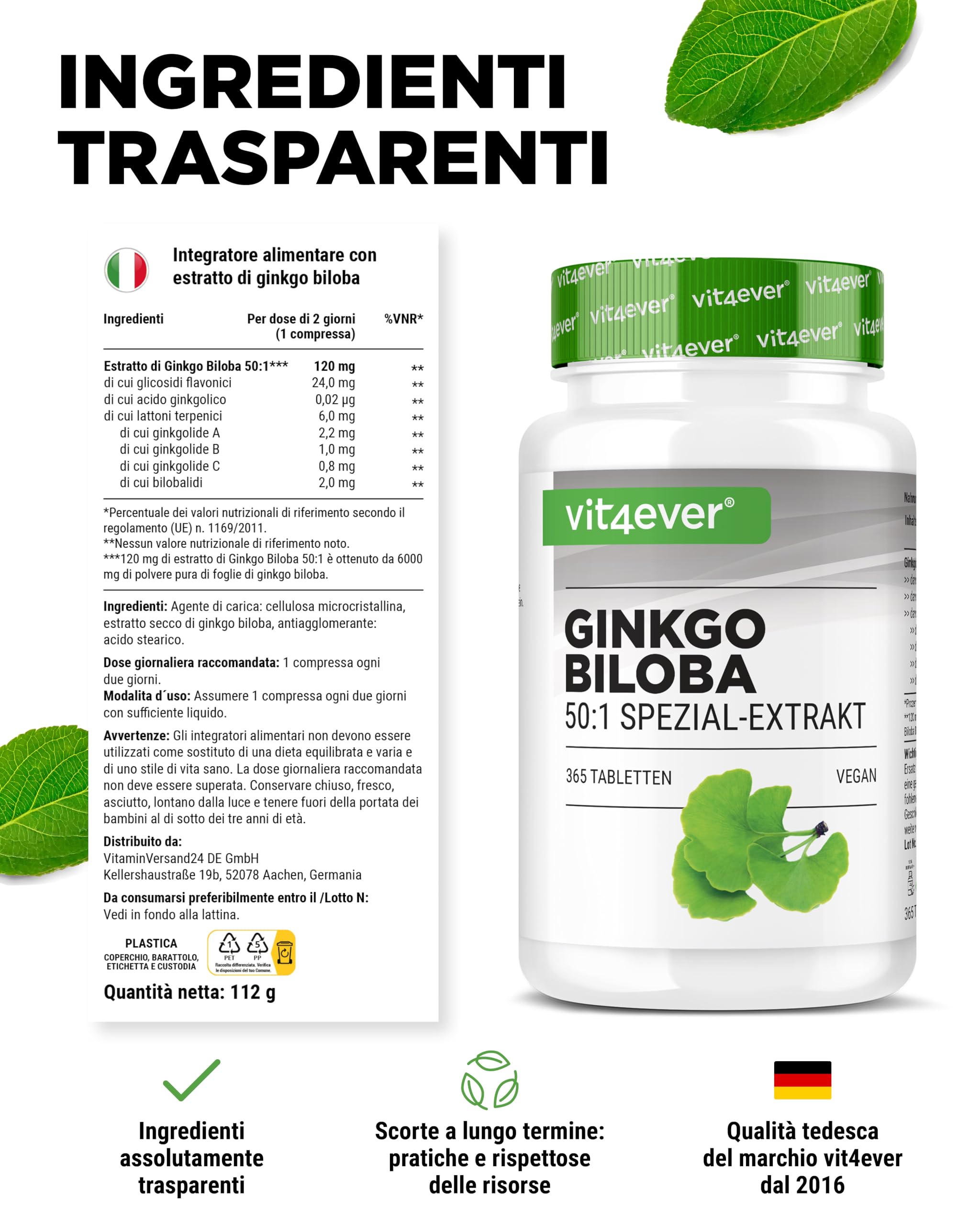 vit4ever Ginkgo Biloba 6000 mg - 365 Compresse – Estratto Premium: con Flavonglicosidi + Ginkgolidi-Lattoni Terpenici e privo di Acido Ginkgolico - Alto dosaggio – Vegano