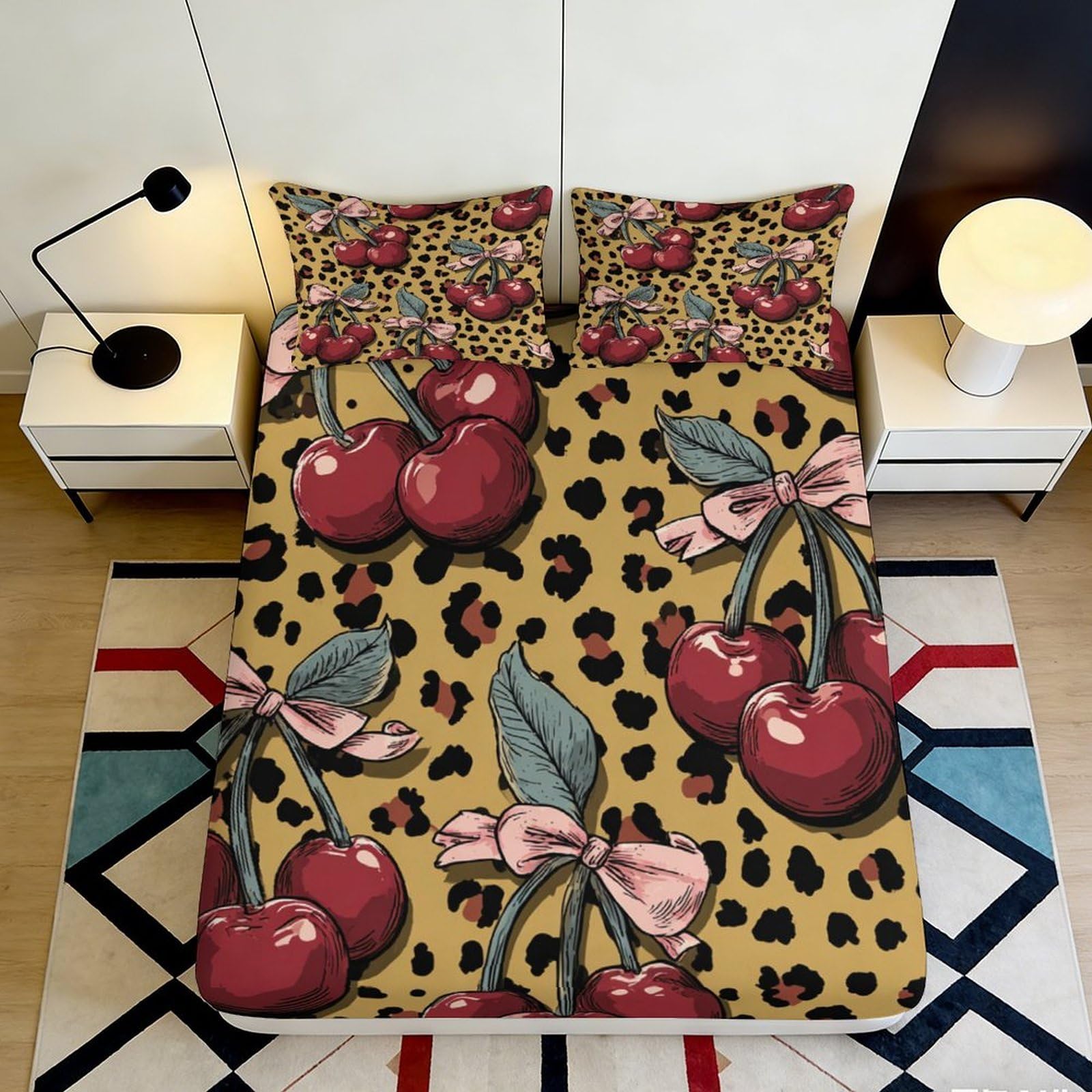 Jqzkxnhpbr Style-9 3D Printed Cherry Leopard Fitted Sheet Microfiber Soft Anti-Slip Bed Cover Bedroom Decor Machine Washable 90X200x25cm