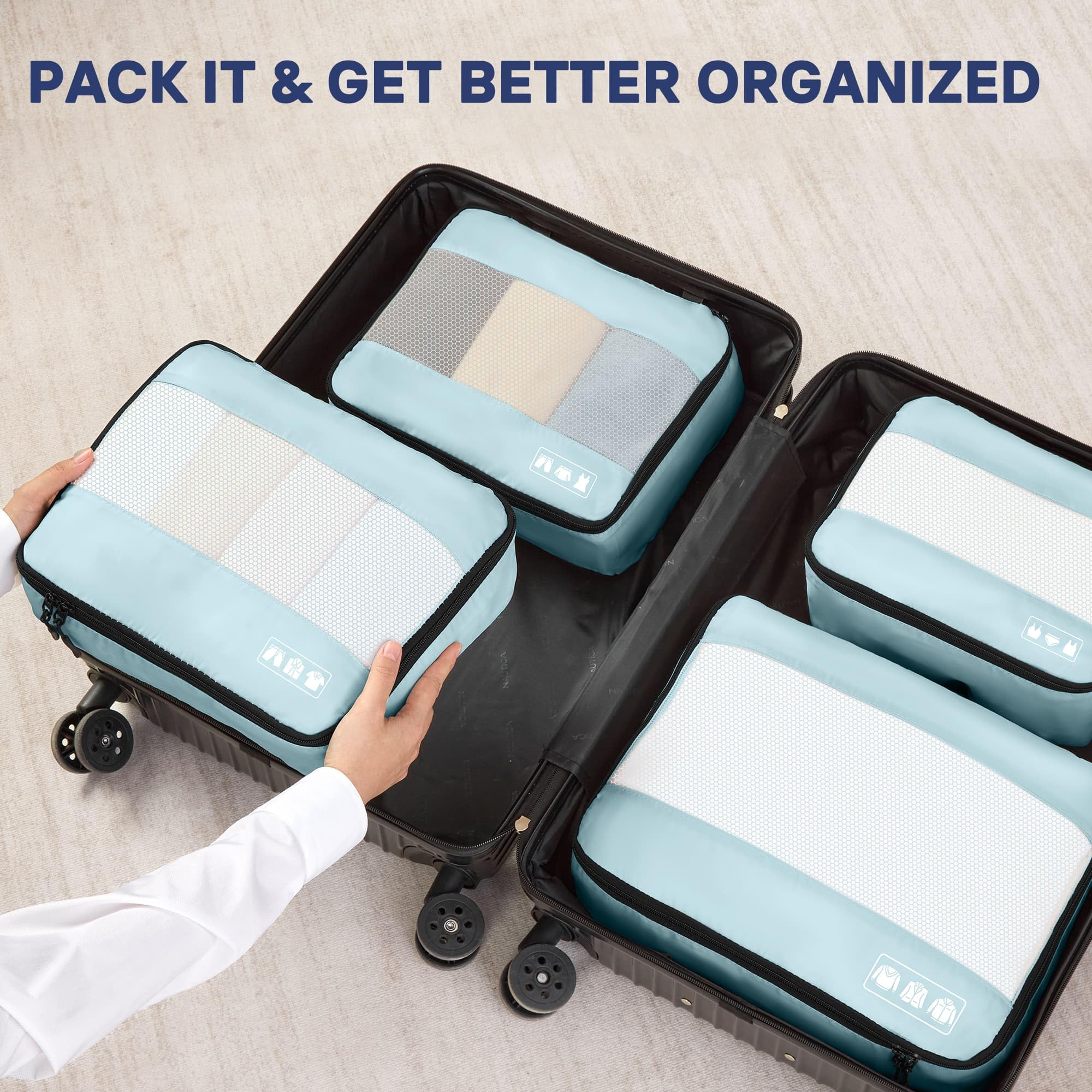 Organizer Valigia 8 Pezzi - Set Di Cubi Compressione Per Viaggio Salvaspazio Beige - Foto 5