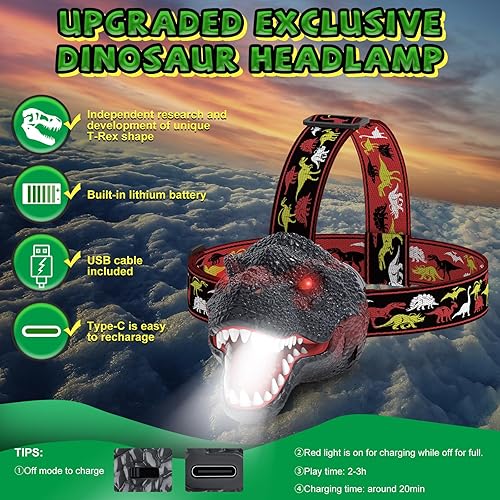 Miniatura 7 de Linterna de dinosaurio para niños, linterna LED recargable, modo rugido y silencioso, juguetes de dinosaurio T-Rex para niños de 3-5, 4, 6, 5, 7, 6,