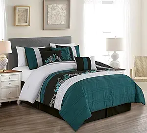 Chezmoi Collection Napa 7-Piece Luxury Leaves Scroll Embroidery Bedding Comforter Set (King, Teal/Black/Gray)