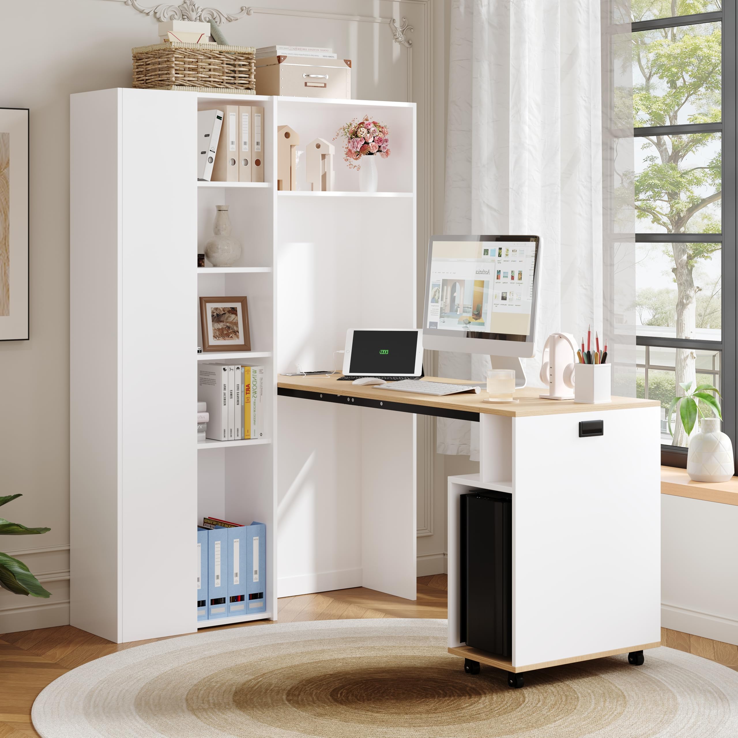 Klappbarer Schreibtisch mit Ablagen –2-in-1-Bücherregal und Schreibtisch, klappbar, mit Steckdose und USB-Anschluss, höhenverstellbare Ablagen, Kippschutz (Links)