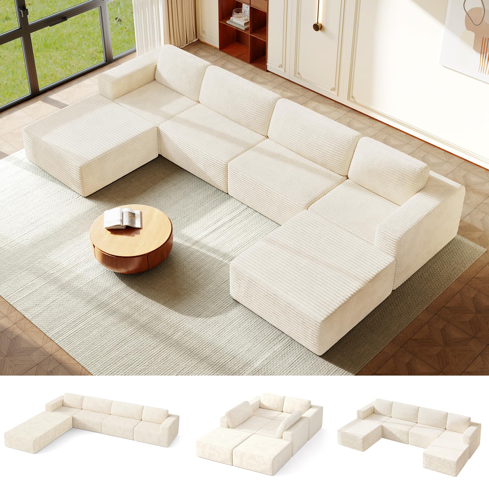 Vesgantti 303 cm Groß Modulares Ecksofa mit Schlaffunktion, Cordsofa mit Federkern, Extra Tiefe Sitzfläche, Boneless Schlafcouch, Für Wohnzimmer, Ohne Montage